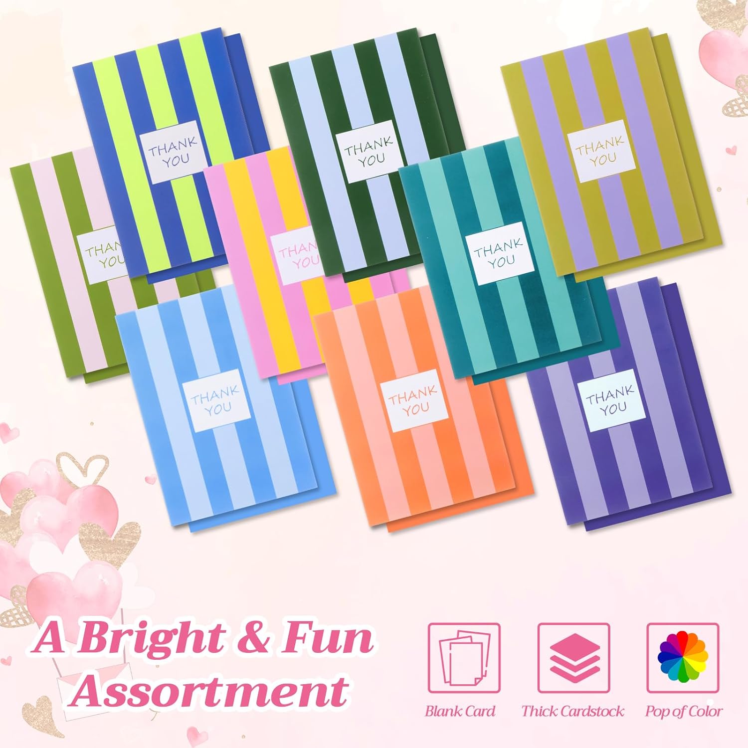 Gueevin 144 Pcs Palm Beach Thank You Cards with Envelopes & Stickers Bulk, 9 Striped Designs 3.5 x 5 Thank You Decor Notes Blank Greeting Sheets Cards for Handwritten Messages, Gratitude Notes, Gifts
