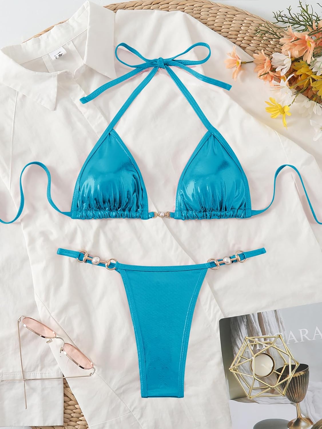 Women's Metallic Triangle Halter Bikini Sets Shiny Tie Back Pearl String Two Piece Swimsuit Bathing Suit Set - Image 6