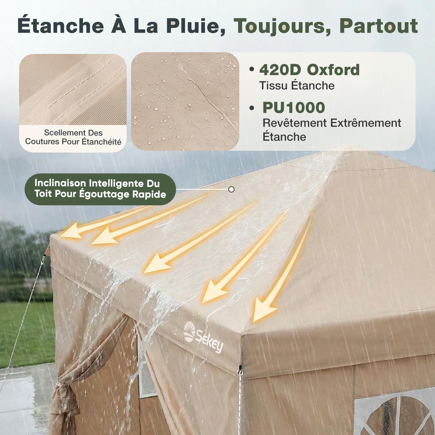 Sekey Tonnelle de Jardin 3x3m Imperméable Pop up, Barnum Pliant 3x3 avec Rideaux, Tonnelle de Jardin Exterieur, Anti UV Respirable Hauteur Réglable