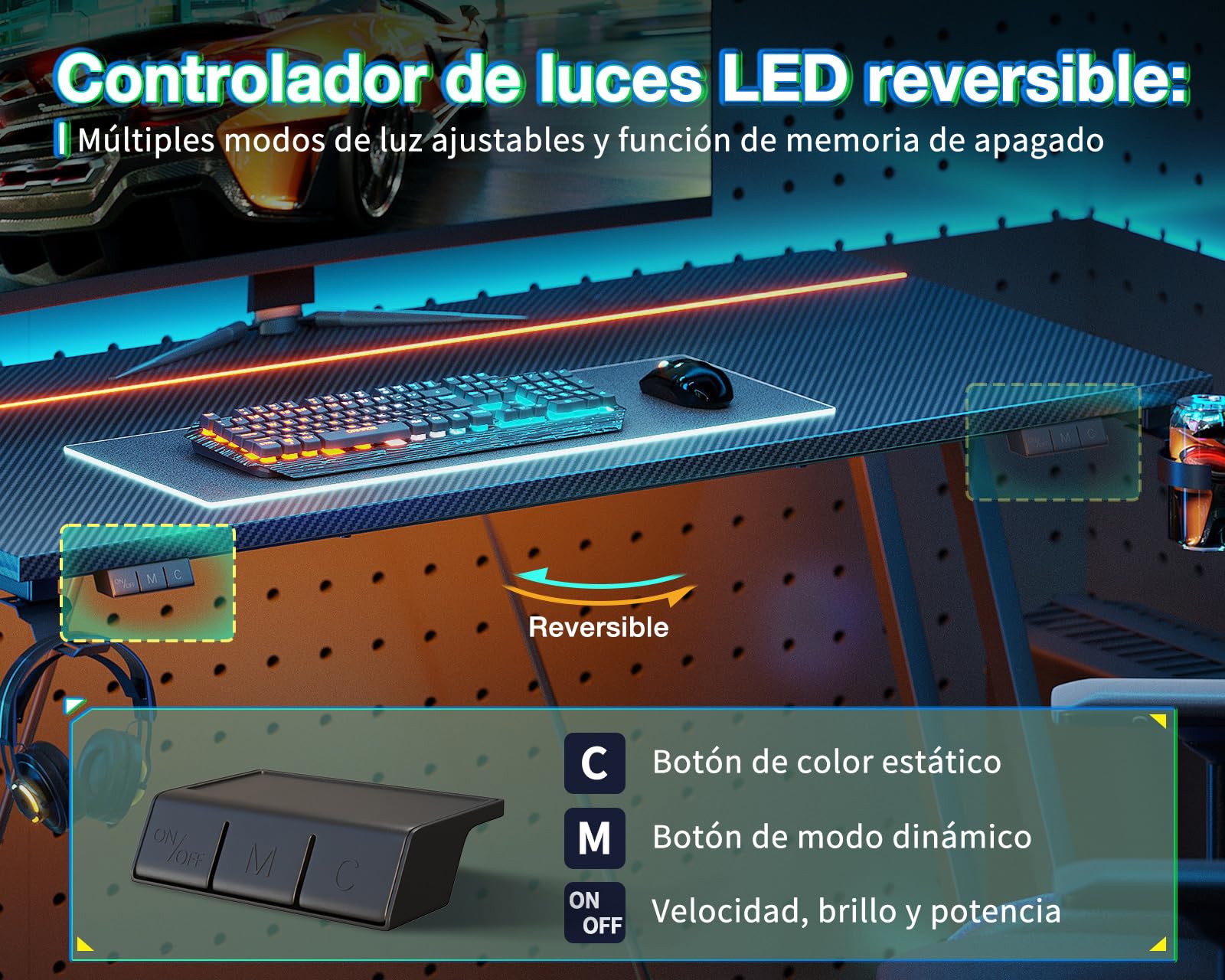 ODK 80 × 50 cm Mesa Gaming con Luces LED, Escritorio Gaming con Soporte para Taza y Gancho para Auriculares, Diseño Doble Z Mesa Mesa Ordenador Fibra de Carbono Negro