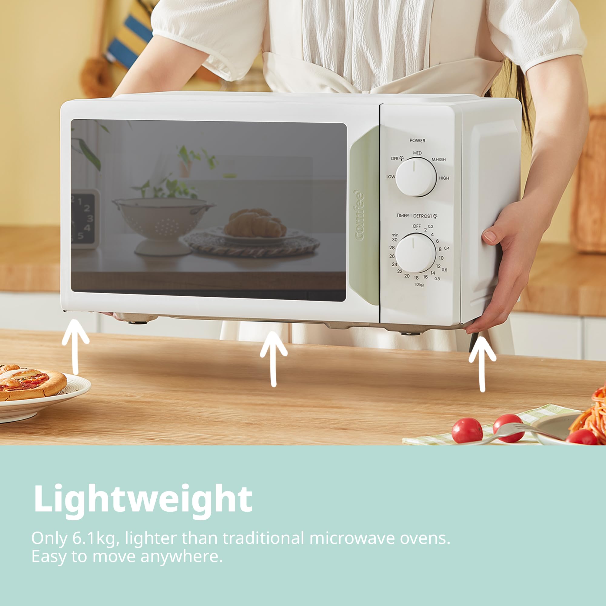 Comfee' - Mini forno a microonde da 700 W e 17 L bianco e salvia, design compatto, funzione InverTech e scongelamento rapido, 5 livelli di potenza di cottura con timer manuale di cottura