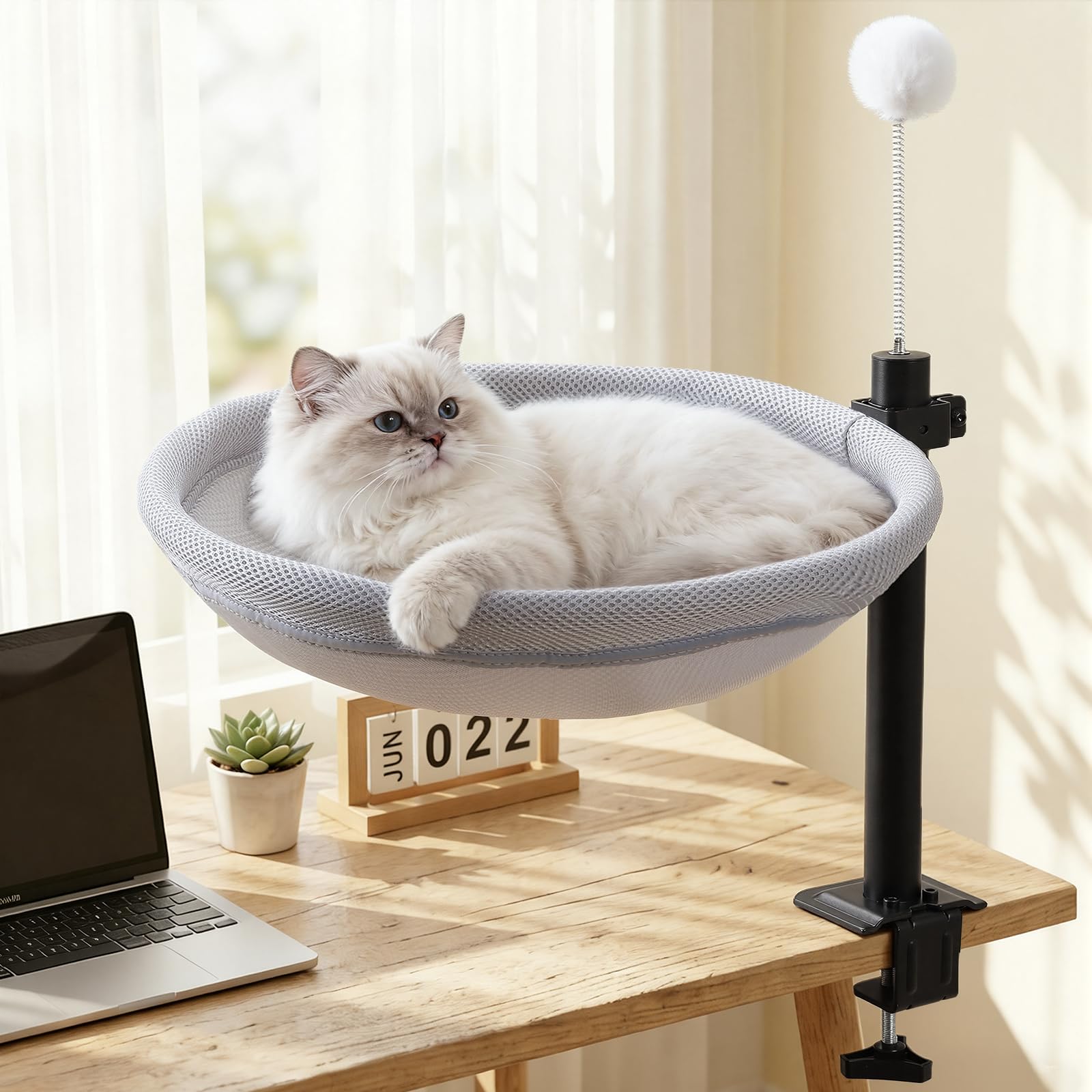 Lit de Bureau pour Chat, nid de Bureau pivotant à 360° et réglable en Hauteur avec Balle Suspendue Interactive, hamac pour Chat avec Housse Lavable pour Bureau à Domicile, supporte jusqu'à 40 lbs