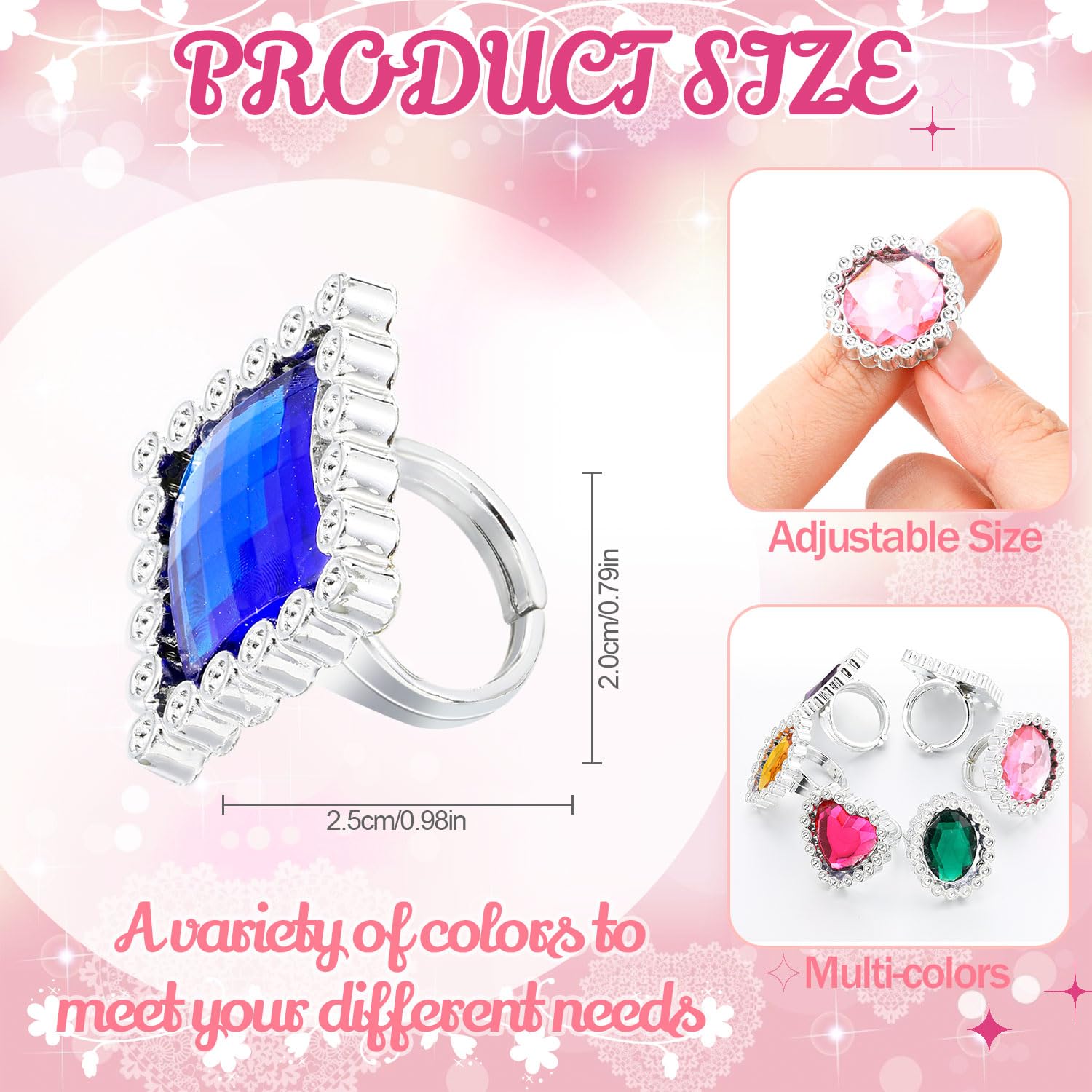 72 anillos de plástico coloridos ajustables falsos de princesa joyería anillos para despedida de soltera, accesorios de fiesta 2