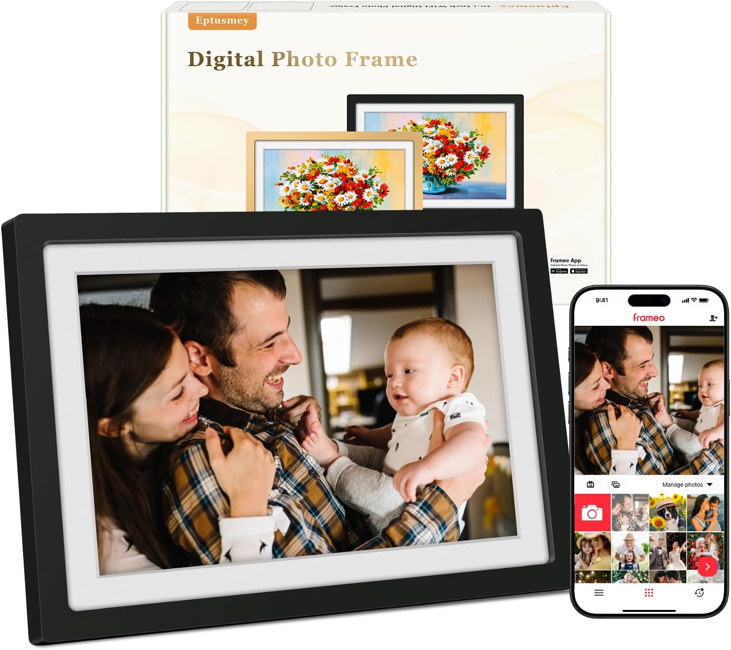 Frameo Digital Photo Frame WiFi Matte Black Frame 10.1 Inch Picture Frame with 1280x800 HD IPS Touchscreen, Built-in 32GB, Send Photo Video via Frameo App/USB/SD, Gifts for Women Men