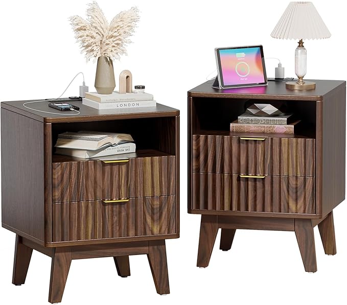 Fluted Nightstand Set of 2 with Charging Station, Modern Bedside Table with 2 Drawers, End Table with Open Storage for Bedroom, Living Room, Walnut