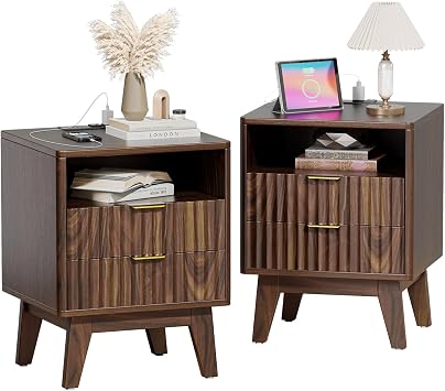 Fluted Nightstand Set of 2 with Charging Station, Modern Bedside Table with 2 Drawers, End Table with Open Storage for Bedroom, Living Room, Walnut