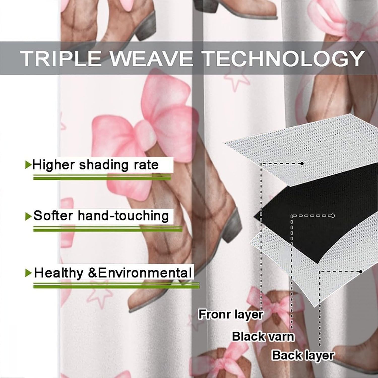 Cowgirl Curtains, Pink Bow Boots Pattern Blackout Window Treatments, Rod Pocket Thermal Insulated Drapes 2 Panel Sets for Bedroom Living Room Kitchen, 63" W X 63" L