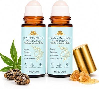 Frankincense and Castor Oil Roll On with Rose Quartz | 100% Pure Organic Cold-Pressed Castor OilFirms Skin, Reduces the Look of Fine Lines,Supports Hormonal BalanceFor Face, Neck & Abdomen,1.7 fl oz