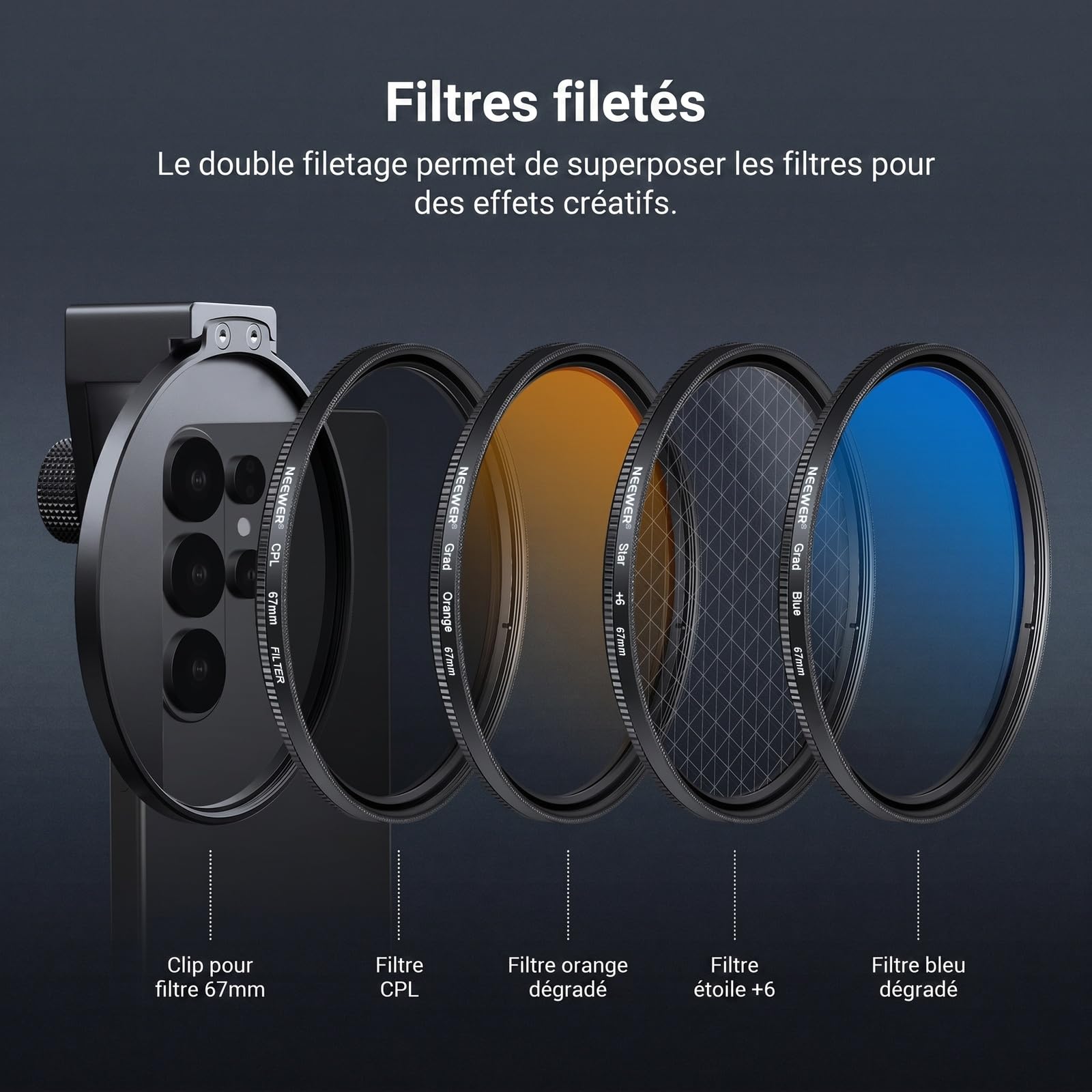 NEEWER 67mm Kit de filtres ND avec Clip Fixation pour Griffe Flash,7 Pack filtres: 4 filtres dégradés de Couleur+étoile+ND 32+CPL.Compatible avec iPhone 17 16,Android Samsung Galaxy S26 Ultra,FL-P15