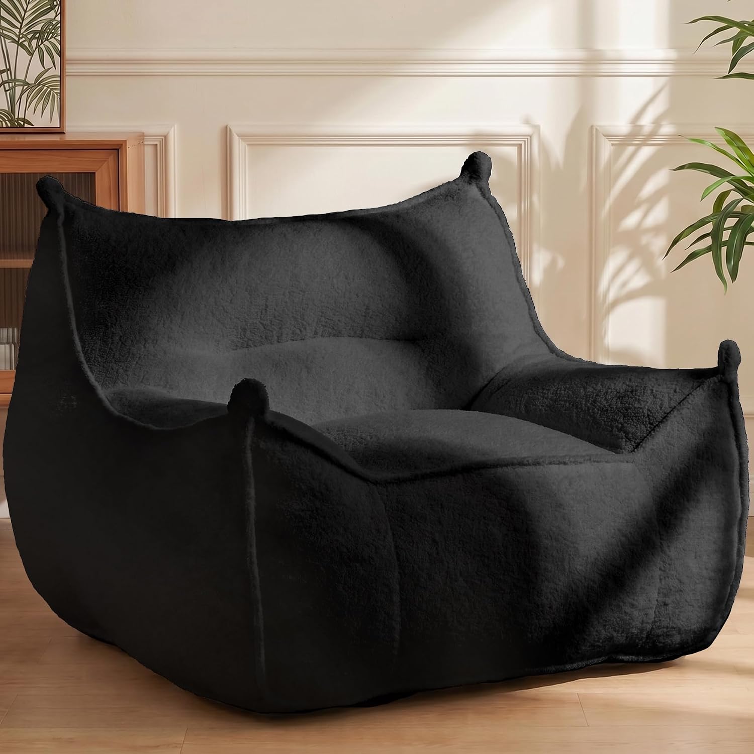 Giant Bean Bag Chair, Faux BeanBag Sofa Cloud Couch Chair for Adults Teens, Comfy Lounge Lazy Floor Sofa with Armrests Single Accent Chair for Living Room, Bedroom & Dorm, Black