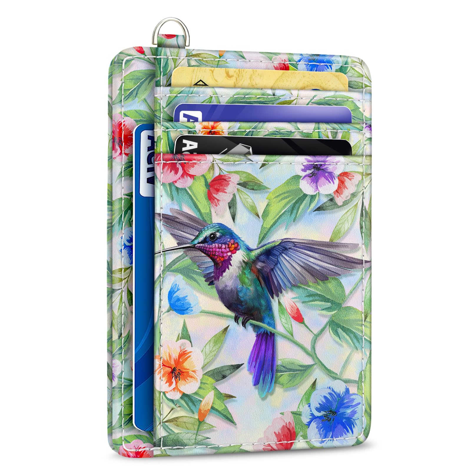 Yonlevres Credit Card Holder Slim Wallet, Hummingbird RFID Wallet Women Front Pocket Small Card Holder, Travel Funny Cute Thin Card Case ID Window PU