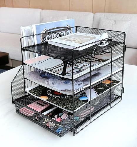 Miniatura 3 de Organizador de cartas de papel de 5 niveles con soporte para archivos, organizador de escritorio con cajón, almacenamiento de escritorio de malla
