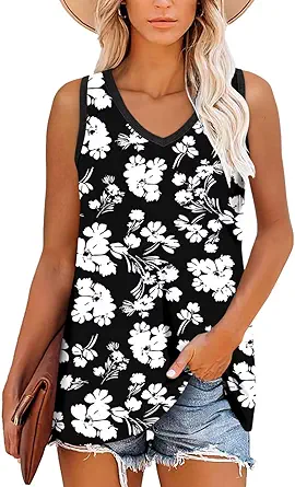 KISSMODA Womens Flora Print Tank Tops Ribbed Summer Shirt Sleeveless Summer Casual Women Blouses(S-3XL)