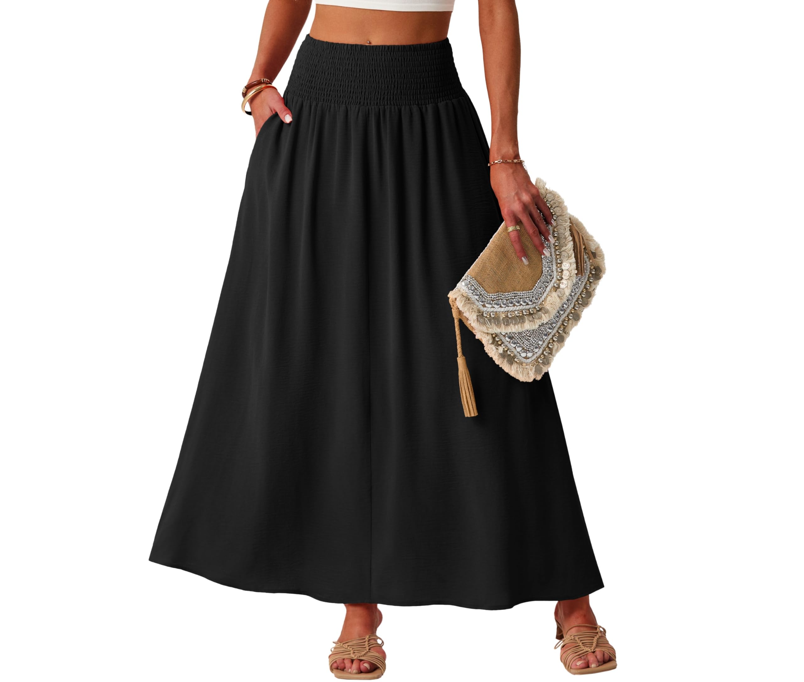 Lepunuo Maxi Skirts for Women Smocked Elastic High Waisted Casual Boho Swing Pleated Beach Long Skirts with Pockets