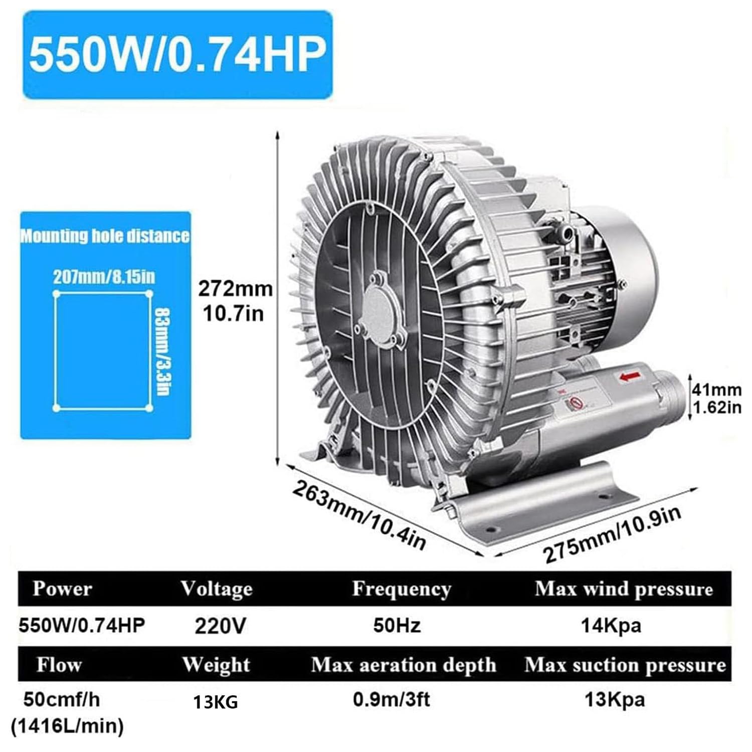 Ventilatore rigenerativo,Ventilatore a vortice ad Alta Pressione monofase, Ventilatore a Canale Laterale,Soffiatore ad Anello per acque reflue Aera (750w)