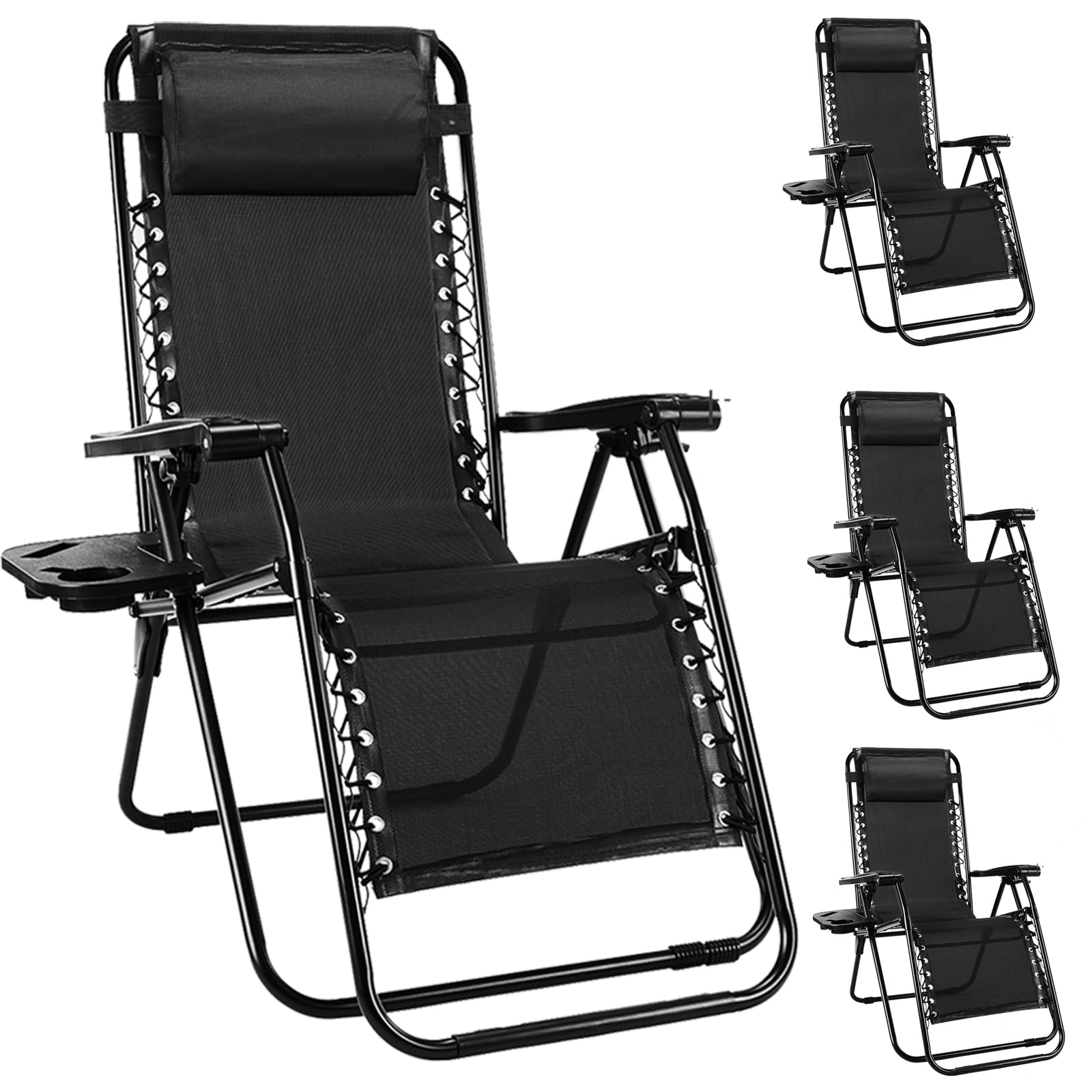 NEWBULIG Zero Gravity Chair Set of 4, Lounge Chair Folding Portable Adjustable Camping Reclining Chairs with Adjustable Pollow, Mesh Back, Cup Holder Trays Lawn Patio Chair for Pool Beach - Black