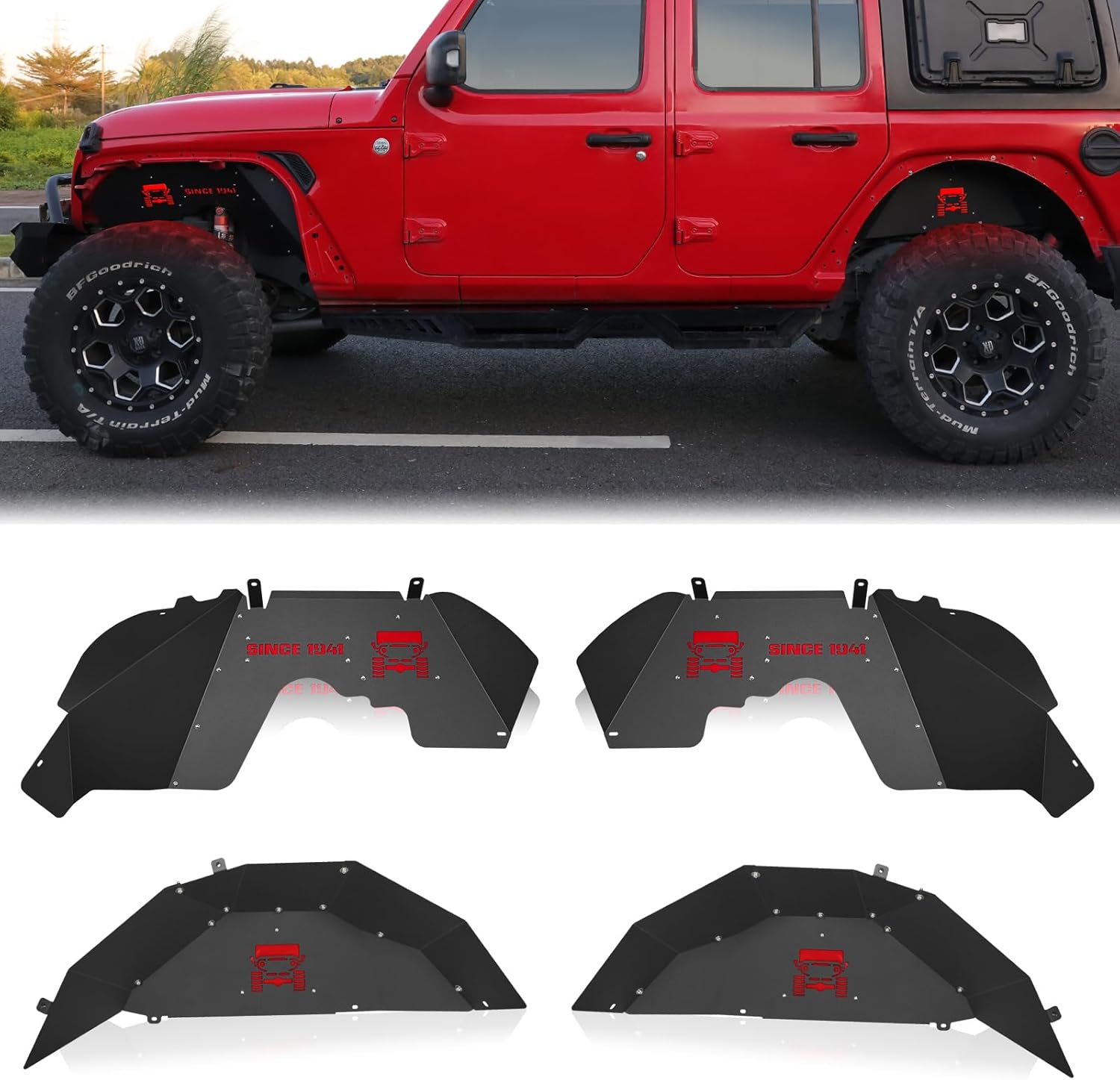 JROAD Jeep Wrangler JL Aluminum Fender Liners - Front & Rear with 4 LED Lights (2018-2022 JL, Not JT Gladiator)