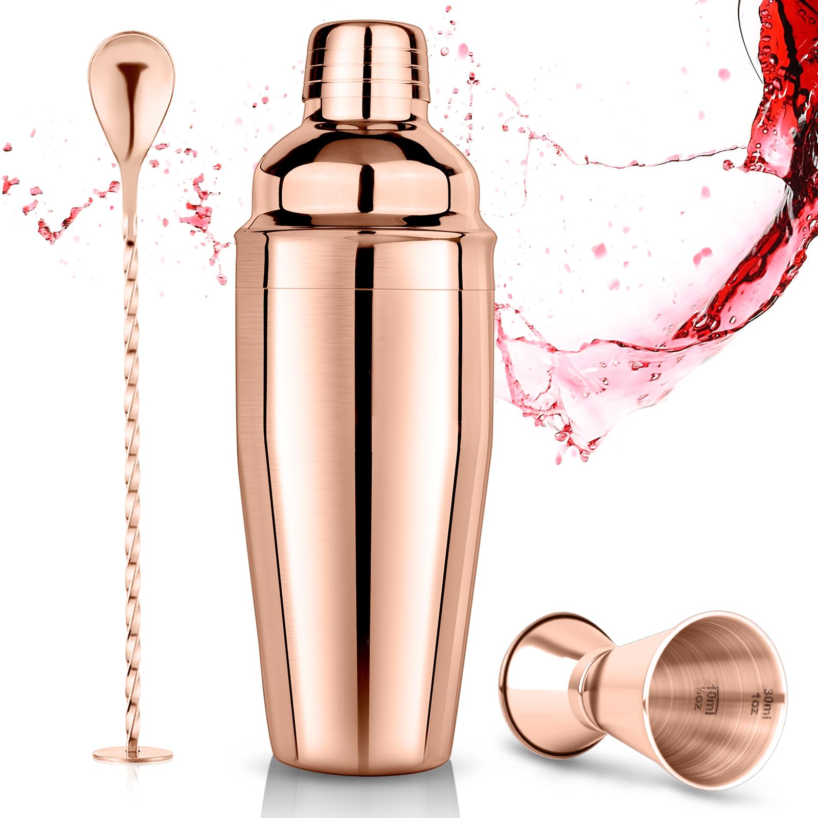 Cocktail Shaker Set 750 ml Cocktail Making Kit 3Pcs with Cocktail Shaker, Measuring Jigger and Mixing Spoon - Professional 18/8 Stainless Steel Cocktail Kit Bar Tools for Mixed Drinks, Rose Gold