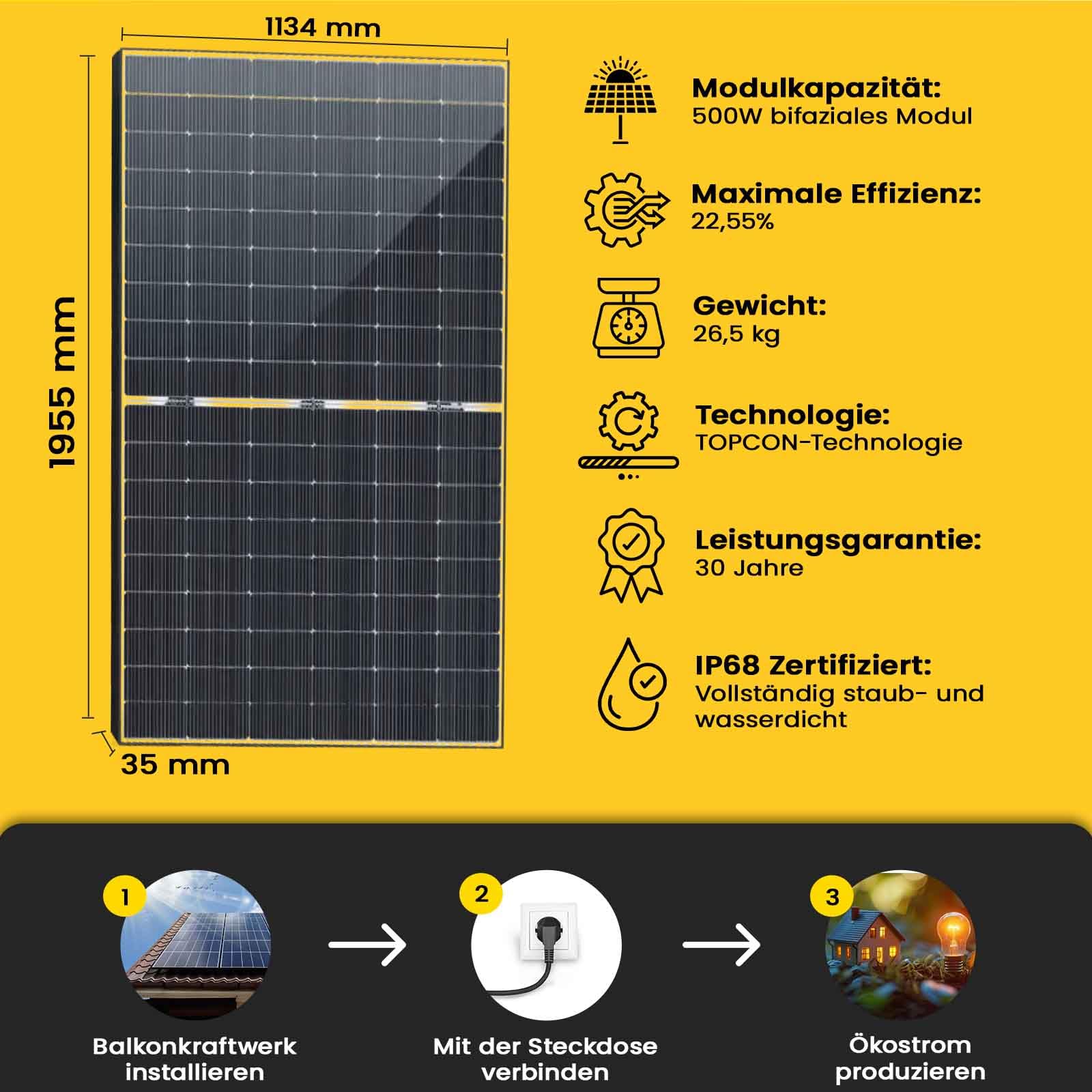 EPP.Solar® Bifazial Solarmodul 500W Black/Silver Rahmen, Photovoltaik Solarpanel (4X)