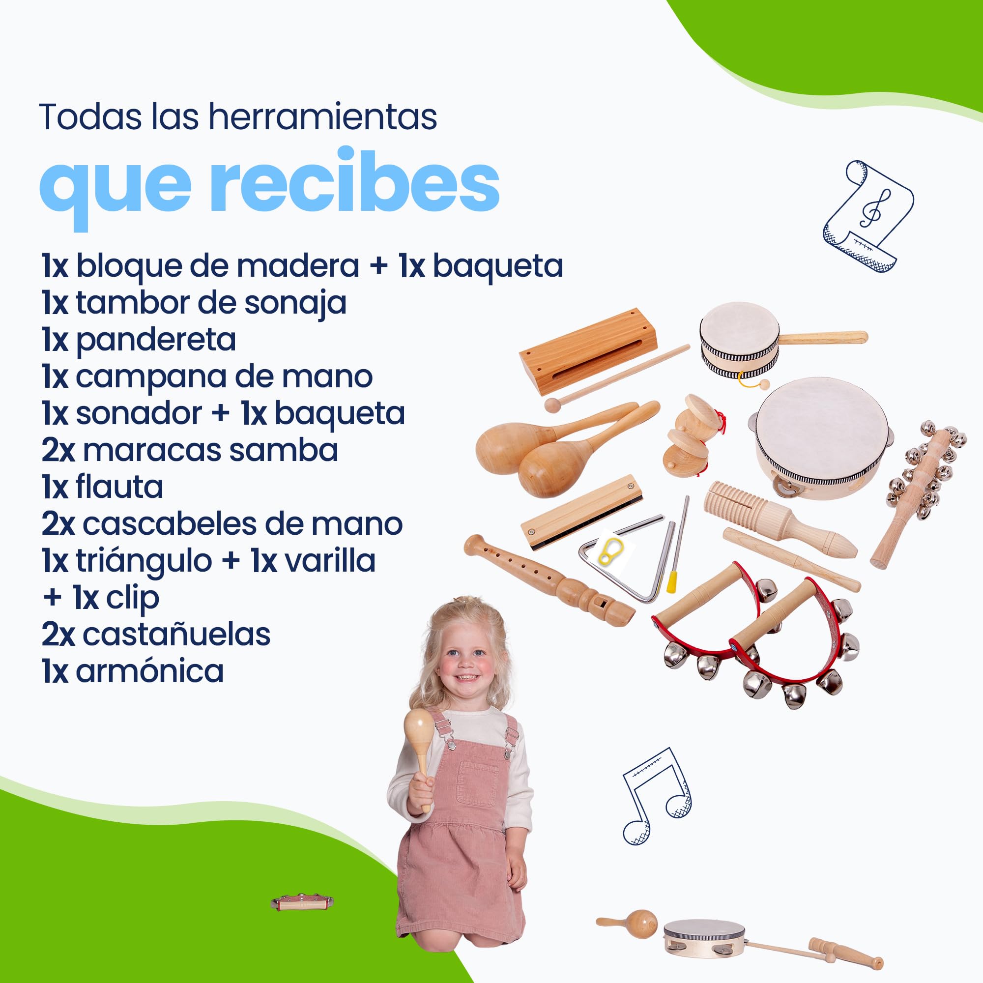 Set de Instrumentos Musicales para niños de Madera (18 Piezas) - Juguetes educativos Montessori - Música para niños - Regalo sostenible - Cumpleaños Infantil - Juegos Musicales