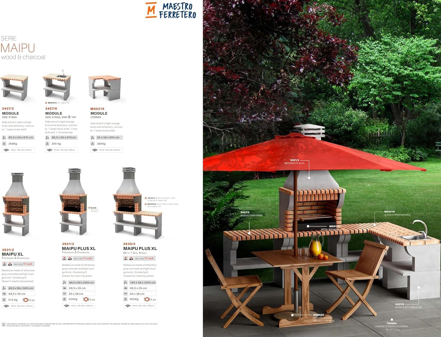 MOVELAR - Barbecue préfabriqué à bois et charbon en béton réfractaire modèle Maipu XL avec support latéral (Gris, Orange - 165 x 58 x 245 cm) REF: 3535/3 - Cuisine extérieure avec double grille