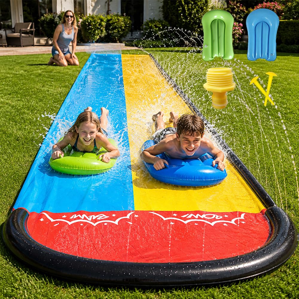 Wasserrutsche Garten 600x140cm Doppel-Wasserrutsche mit 2 Bodyboards, eingebautem Sprinkler
