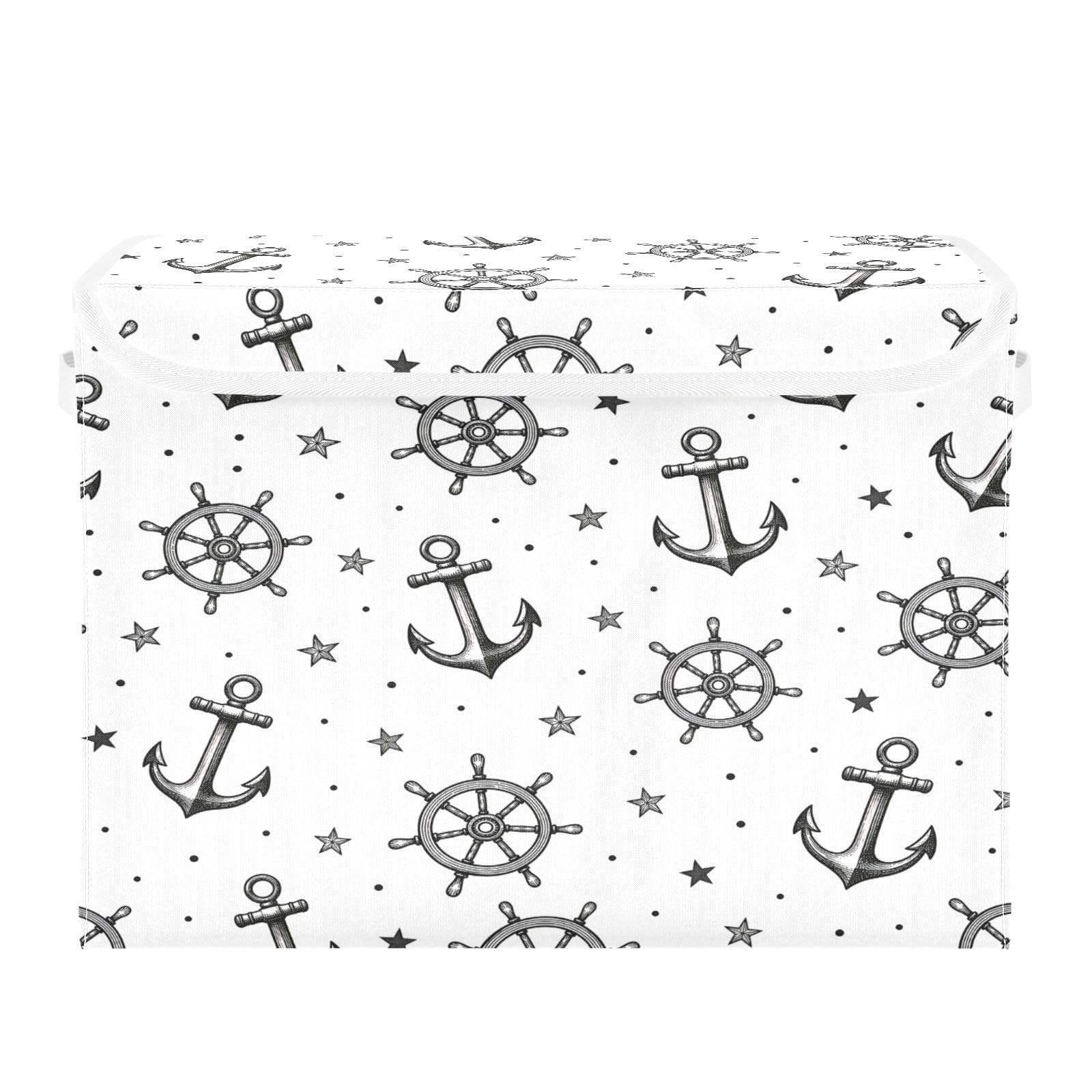 Ewusp Ship Anchors Rudder Fabric Storage Bin with Lid, Decorative Foldable Storage Basket with Handles, Stackable Closet Shelf Organiser Box for Clothes, Books, Bedroom, Living Room