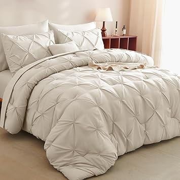 CozyLux California King Comforter Set Beige - 7 Pieces Cal King Cream Off White Bed in A Bag Gift for Family, Pinch Pleat Bedding Sets with All Season Comforter, Sheets, Pillowcases & Shams