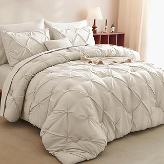 CozyLux Queen Comforter Set Beige, 7 Pieces Pintuck Bed in A Bag, Premiu...