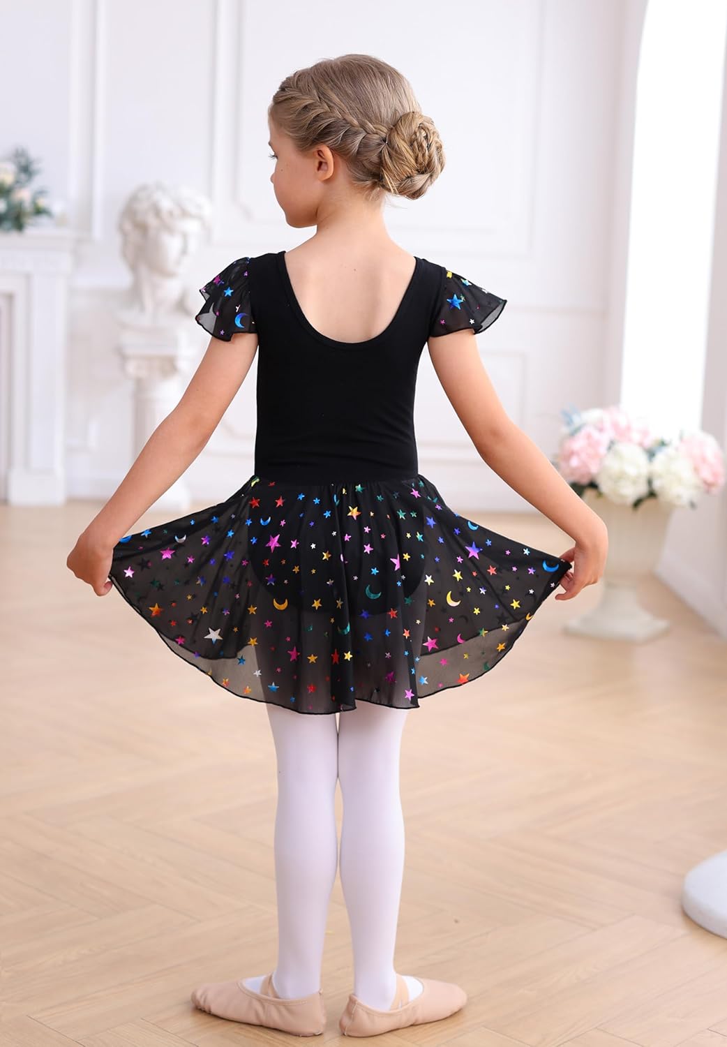 MdnMd Dance Ballet Leotard with Star Moon Sequins Skirt for Toddler Girls Ballerina Dress Outfit Ruffle Sleeve - Image 7