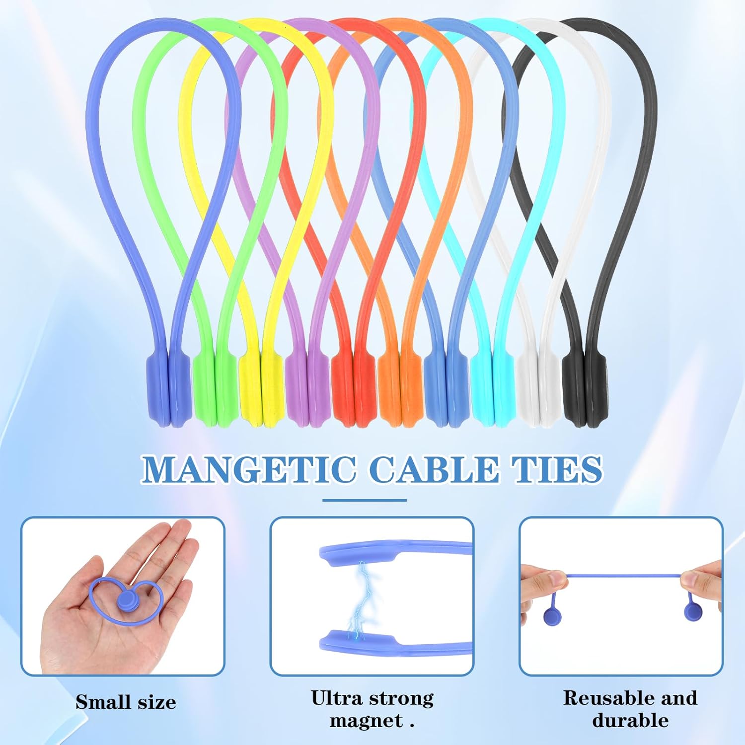 Ptwola 10 Pack Magnetic Cable Ties Reusable Cord Organizer Silicone Multicolor Small Electrical Cord Holder Management Twist Ties Keeper Wrap Clips for Charging Cable Fridge Magnets Hanging Stuff