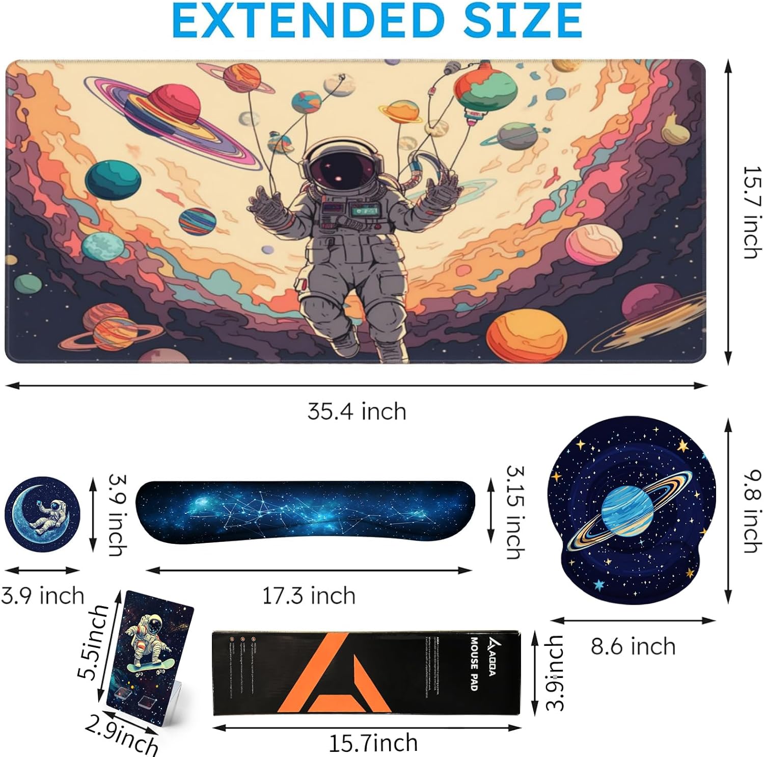 AQQA 5-in-1 Large Gaming Mouse Pad, Mousepad with Wrist Support Set- Ergonomic Gaming Desktop Mouse Pad Wrist Rest - Cup Coaster, Keyboard Mouse Mat, Desk Pad with Stitched Edges,Universe