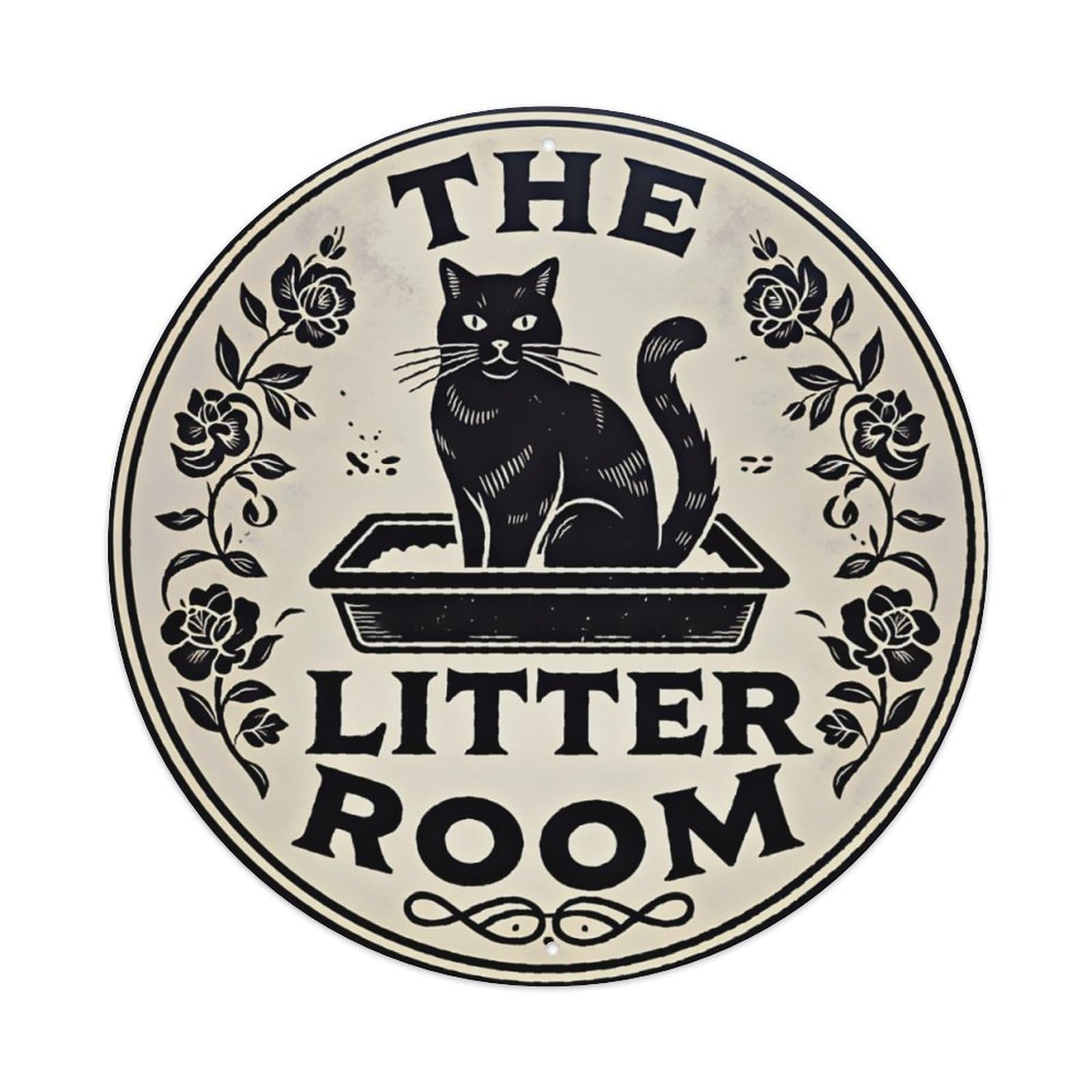 Vintage Black White Rose Black Cat Litter Room Round Metal Sign Vintage Aluminium Metal Sign, Retro Wall Decor for Home, Bar, Garage & Farmhouse 20x20cm