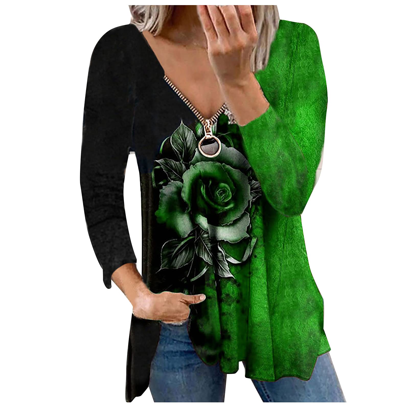 Women's Fasion Loose Rose Print Stitching Long-Sleeved V-Neck Zipper Casual Top