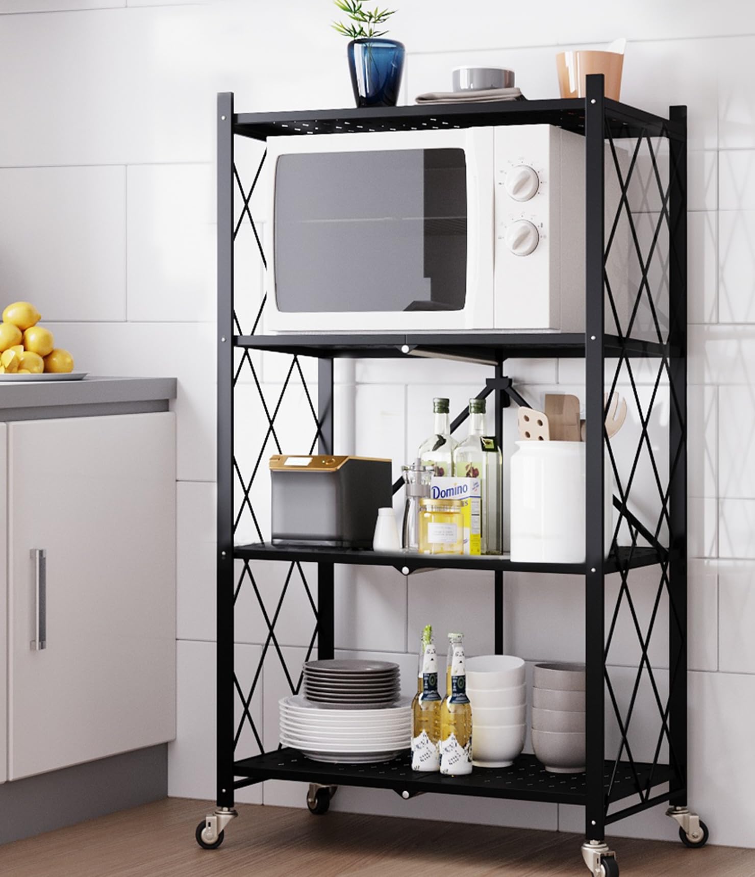 Estantería Plegable de Metal con Ruedas | Mueble Organizador con 5 estantes Resistentes y Estructura Reforzada | Diseño portátil, fácil de Montar y versátil para Cocina, Oficina, Garaje o Dormitorio