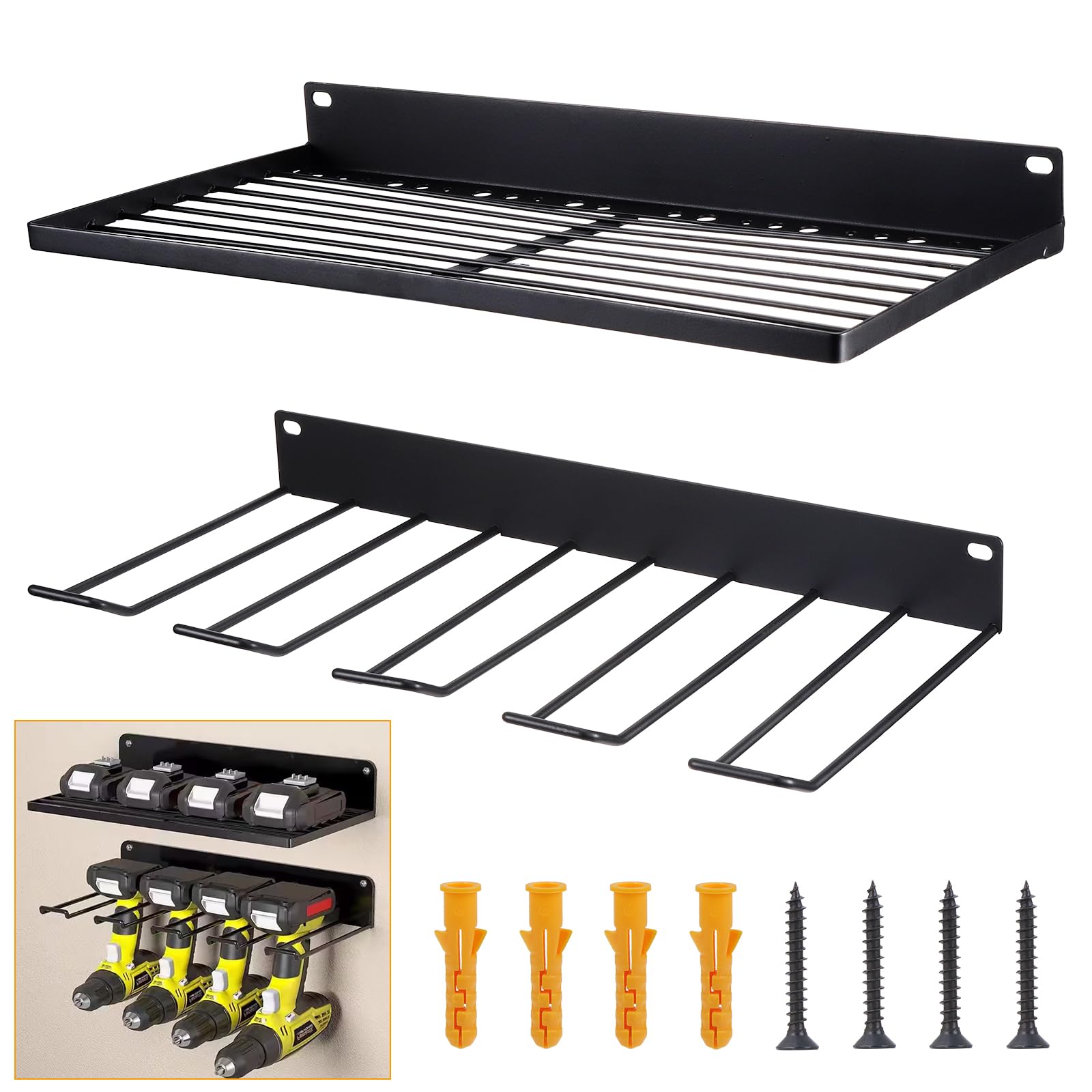 KEESIN Soporte de pared de almacenamiento de herramientas, organizador de herramientas eléctricas, 5 ranuras, estante de pared para herramientas de metal para guardar equipos de taller (negro)