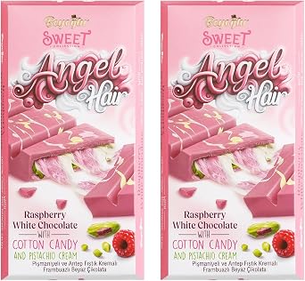 Beyo lu Angel Hair Raspberry White Chocolate with Cotton Candy and Pistachio Cream, Pi maniye ve Antep F st k Dolgulu Frambuazl   ikolata, 170 Gr, 2 Pack