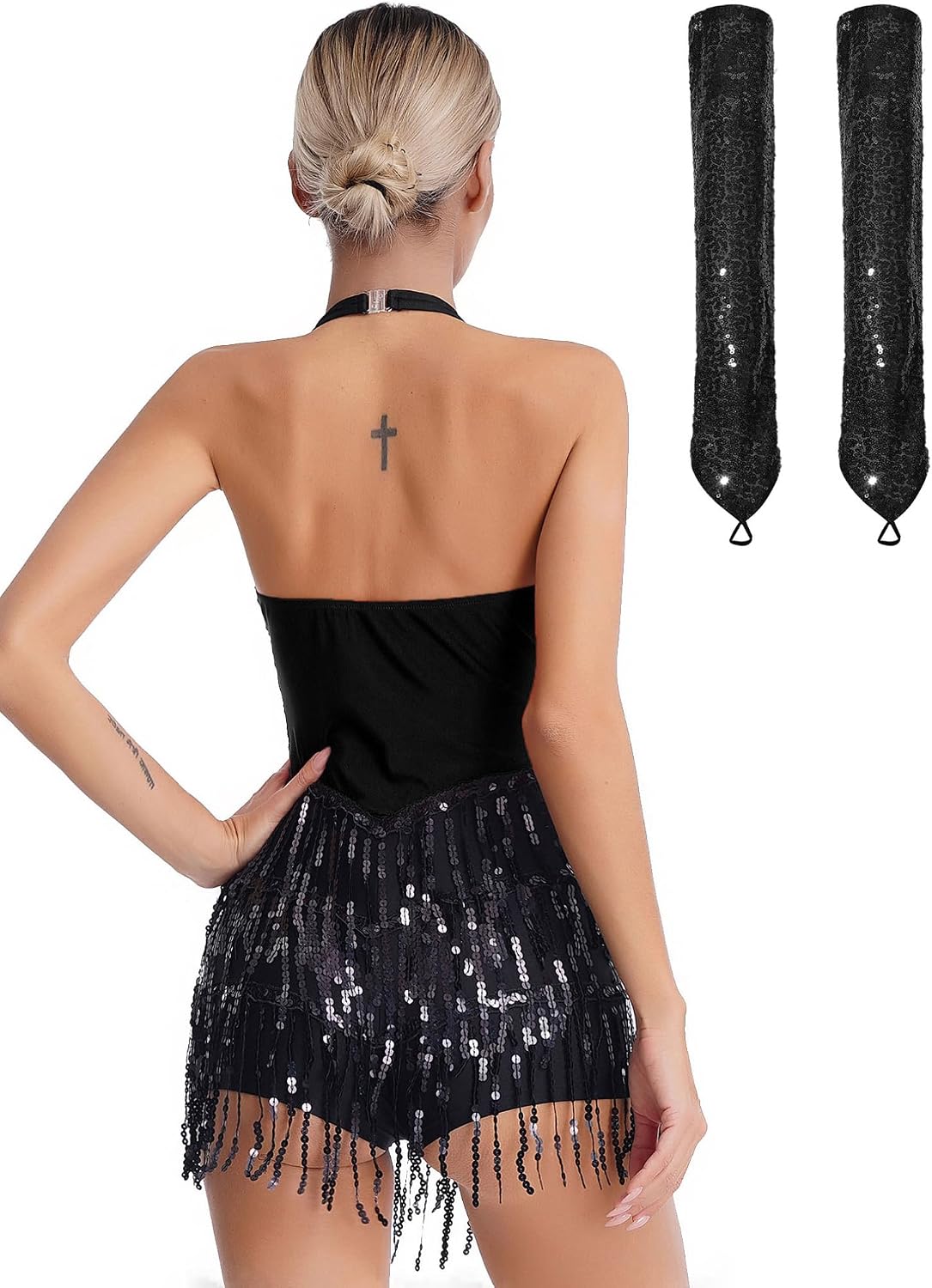 JEATHA Women's Shiny Sequins Sleeveless Modern Latin Jazz Tango Salsa Dance Leotard Bodysuit with Gloves