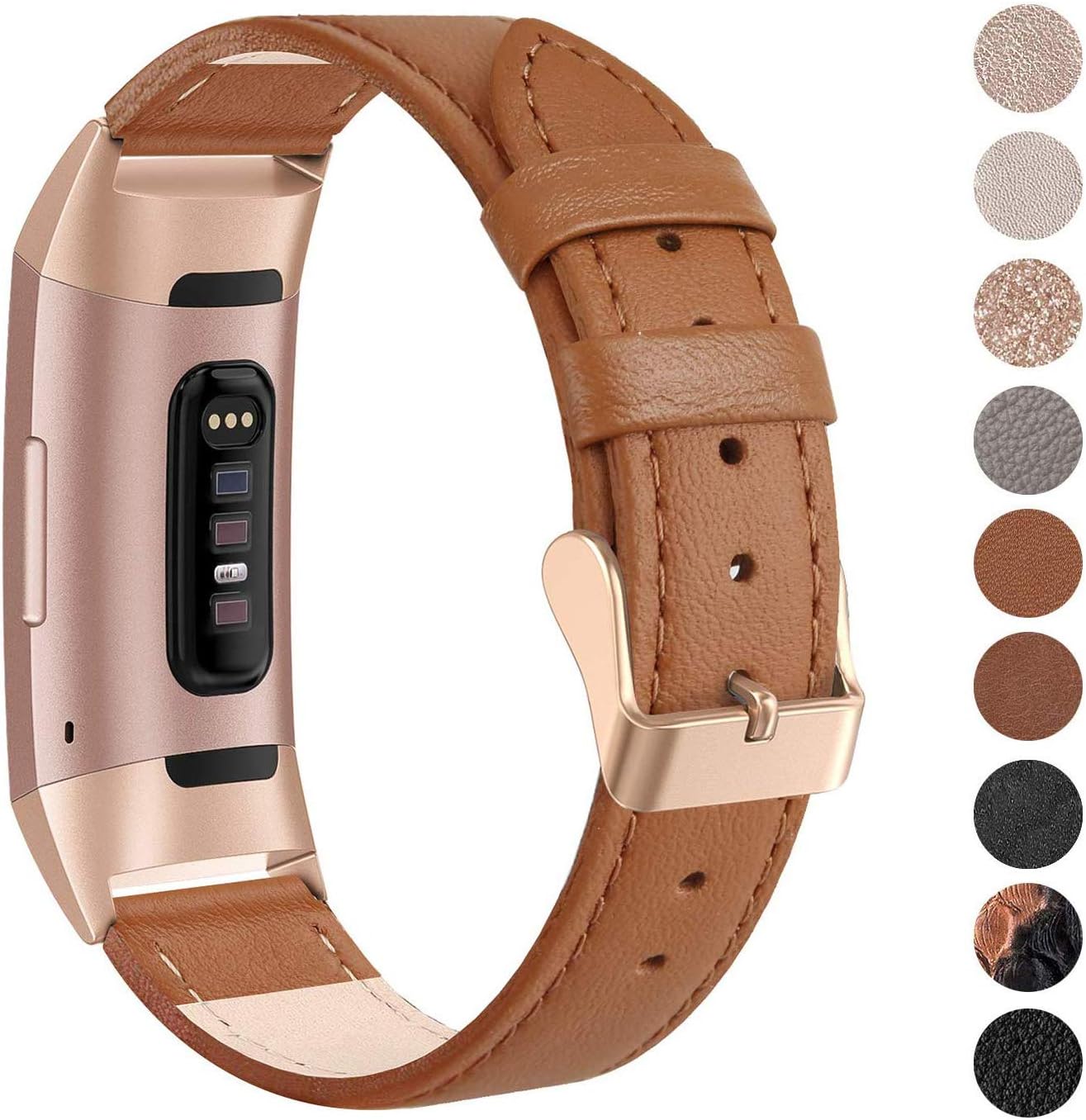 SWEES Leather Bands Compatible for Fitbit Charge 4, Charge 3 & Charge 3 SE Fitness Tracker, Genuine Leather Band Strap Wristband Replacement for Women Men Small Large, Black, Rose Gold, Beige, Brown