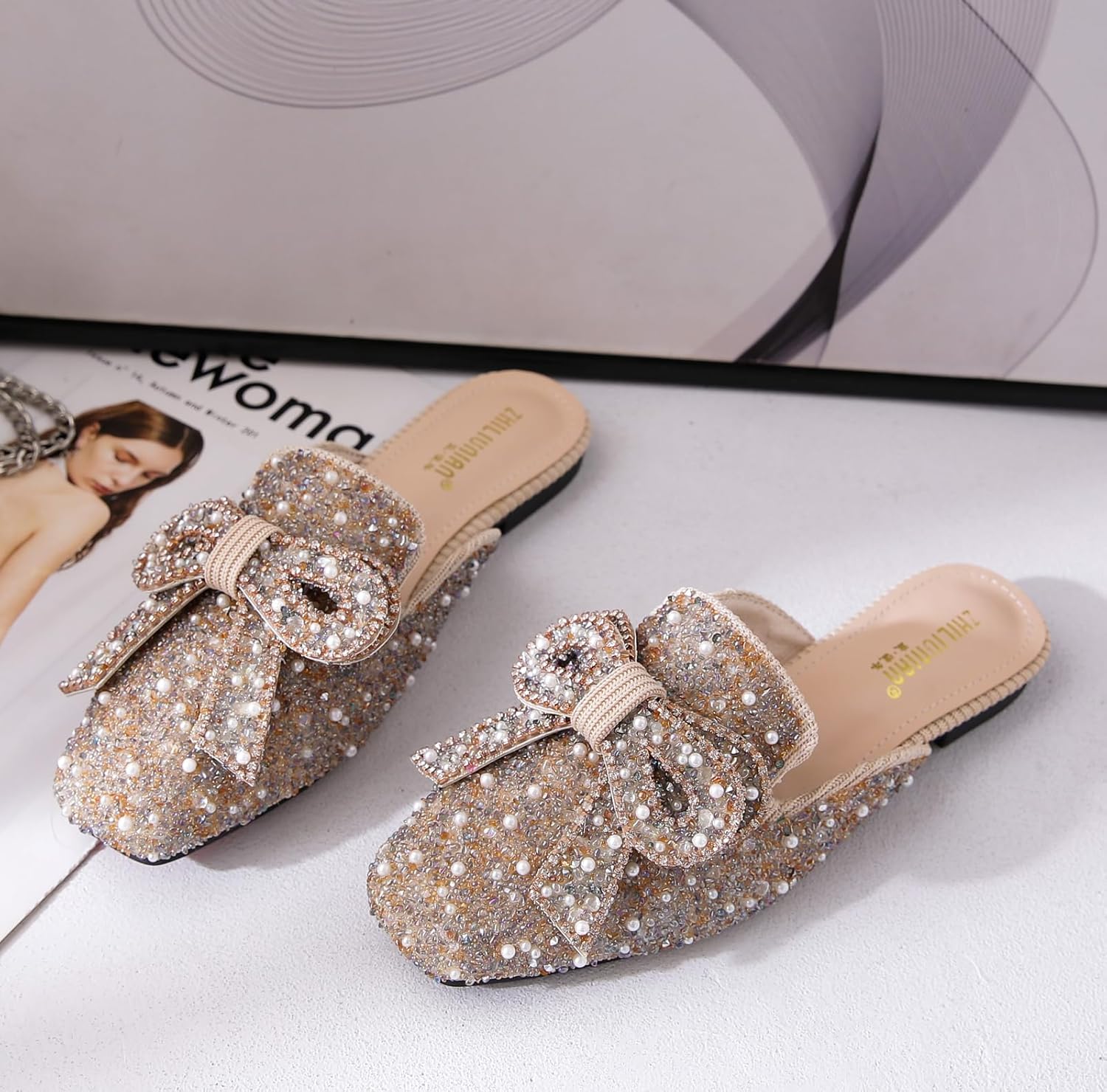 SANIOOOI Women's Pearl Rhinestone Bow Mules,Glitter Square Toe Slip on Flat Ladies Sparkly Baotou Clogs Slippers - Image 2