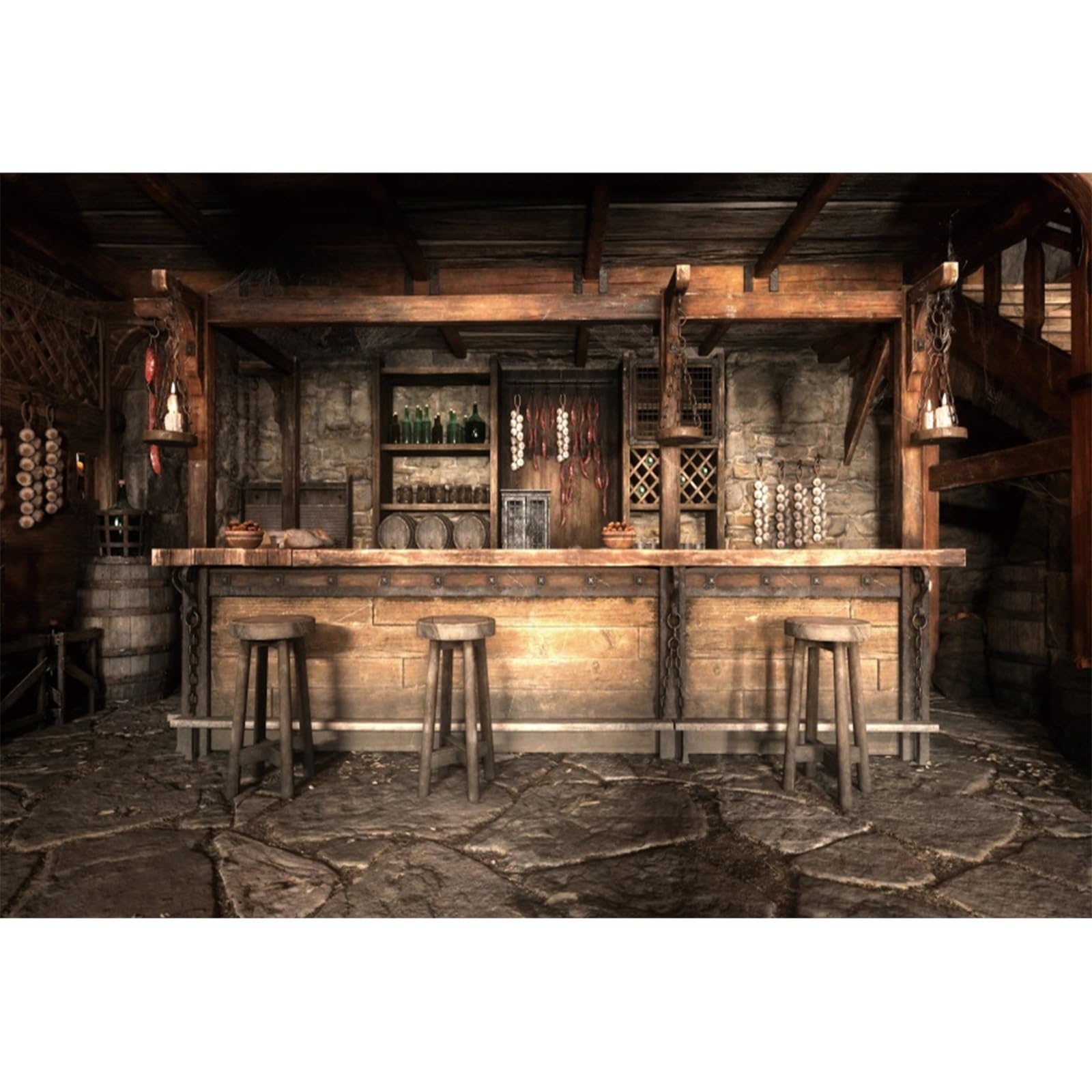 YongFoto 3,5x2,5m Tavernenbar Hintergrund Mittelalterlich Rustikales Saloon-Interieur Holzhocker Steinboden Hängende Kerzen Fotohintergrund für Kinder und Erwachsene Western-Cowboy Foto-Requisiten