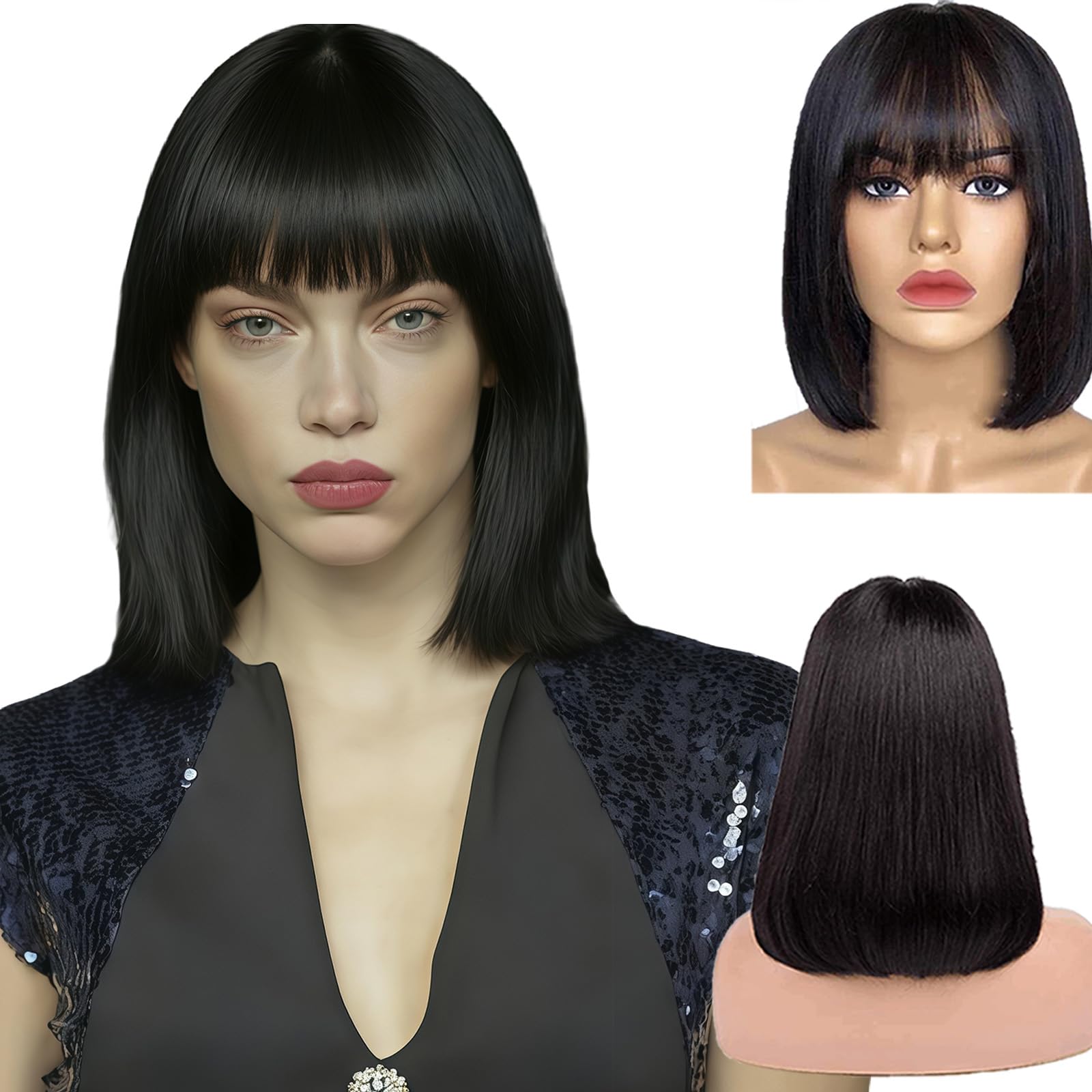 Short Black Wig with Fringe
