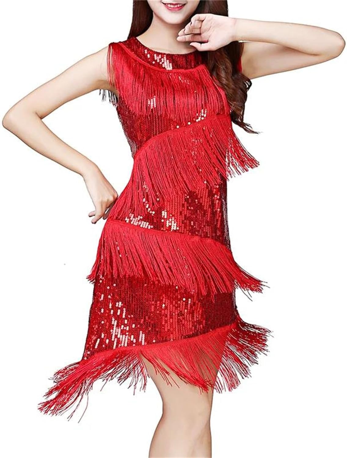 Women Tassel Latin Dance Dress Winter Sequins Fringe Sleeveless Outfit Professional Stage Performance Wear