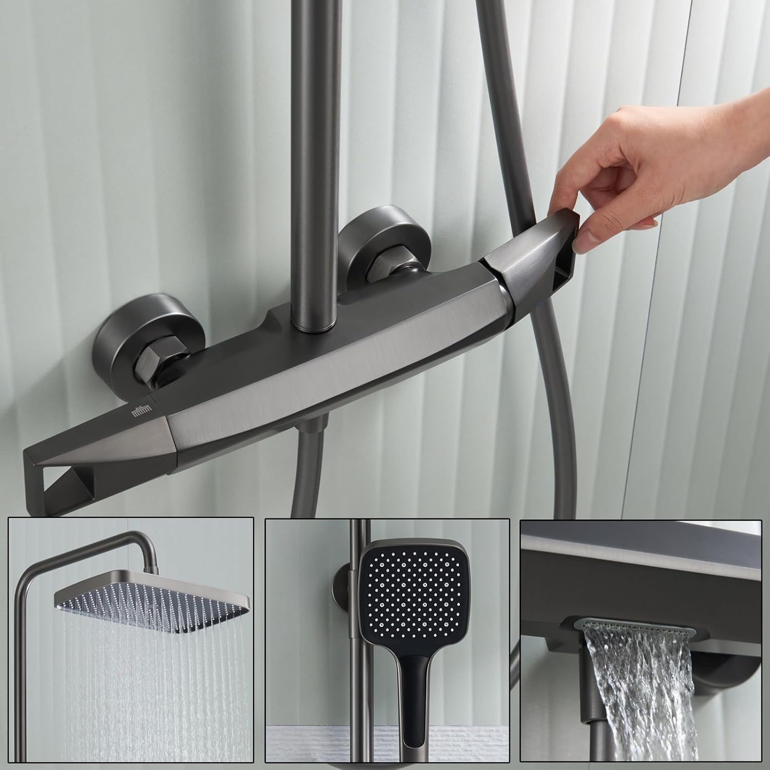 Rain Shower System, Gray Brass Shower Faucet Set Wall Mount Shower Fixtures 3 Functions Bathroom Shower Faucet Set with Handheld Sprayer, Rain Shower Head, Waterfall Bathtub Spout