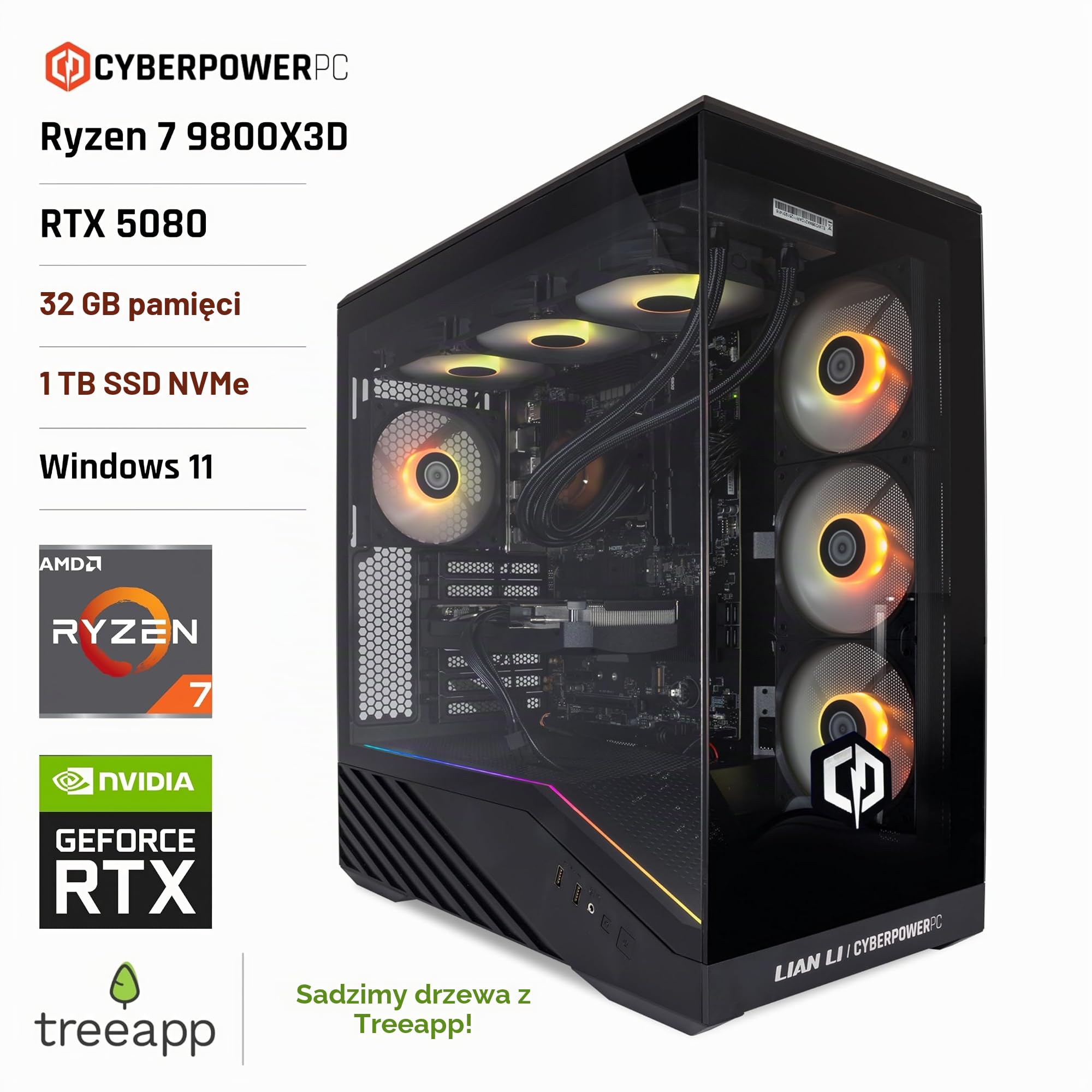 CyberPowerPC Luxe Gaming PC - AMD Ryzen 7 9800X3D, Nvidia RTX 5080, 32GB RAM, 1TB NVMe SSD, 850W PSU, Windows 11, Liquid Cooling, V100R