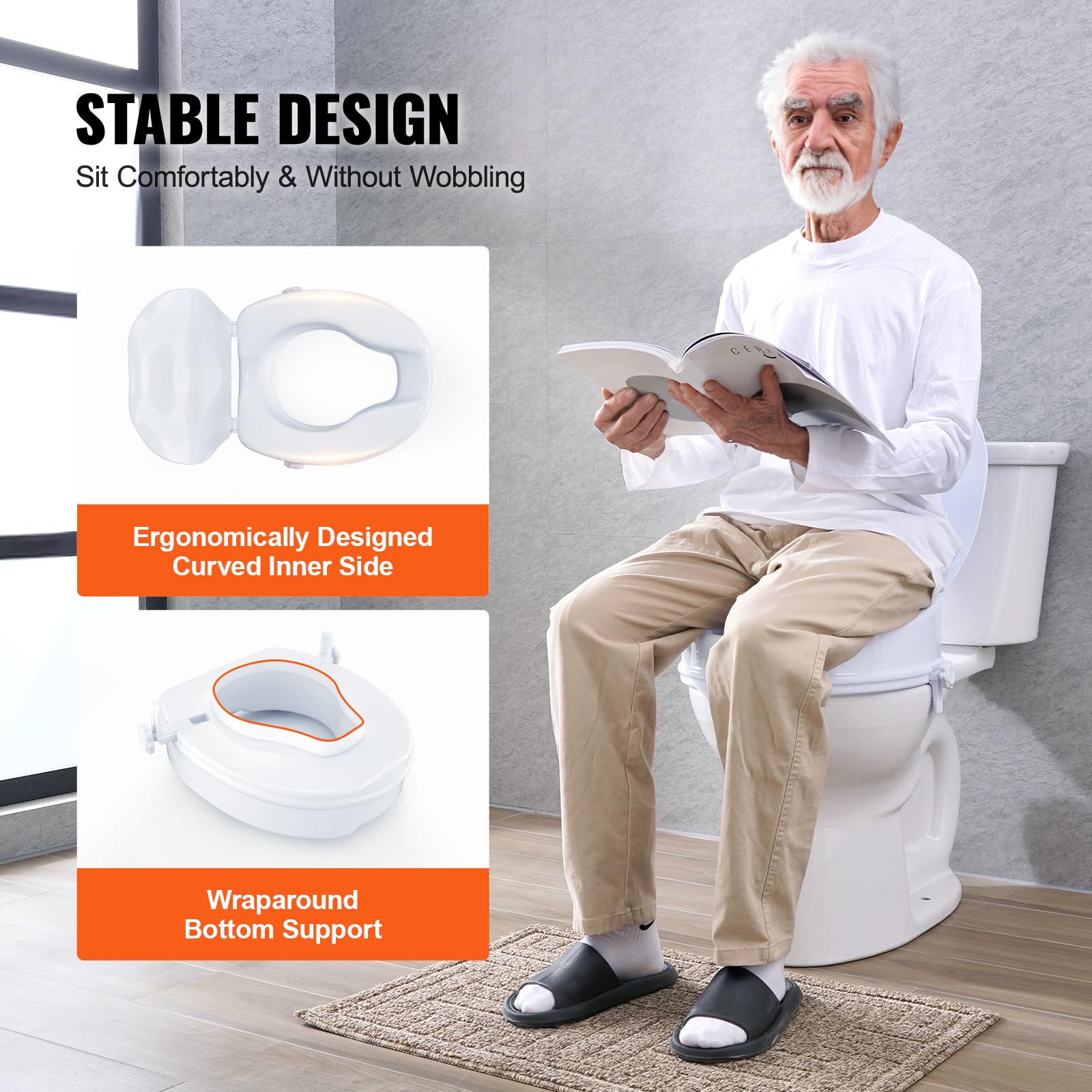 VEVOR Toilettensitzerhöhung Erhöhter Toilettensitz, 10 cm, 136 kg Tragkraft, Universelle Toilettensitzerhöhung, Schraubstangenverriegelung, mit Toilettensitz, für Behinderte, Patienten, Schwangere