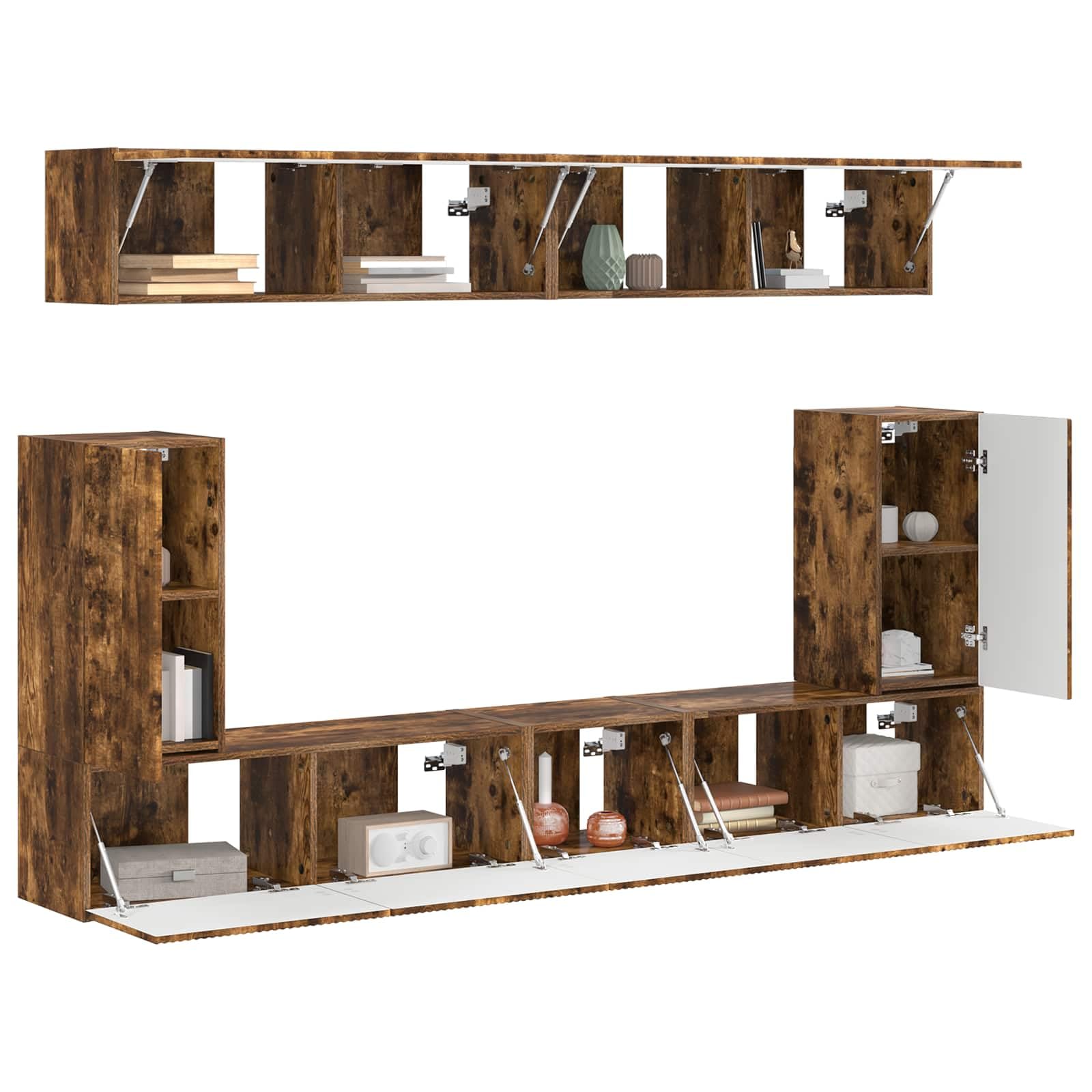 TV-Schrankset 5-teilig, Geräucherte Eiche Holzwerkstoff, Wandmontage, Modernes Media-Center für Wohnzimmer, Vielseitiger Stauraum, 98 x 31 x 29,5 cm