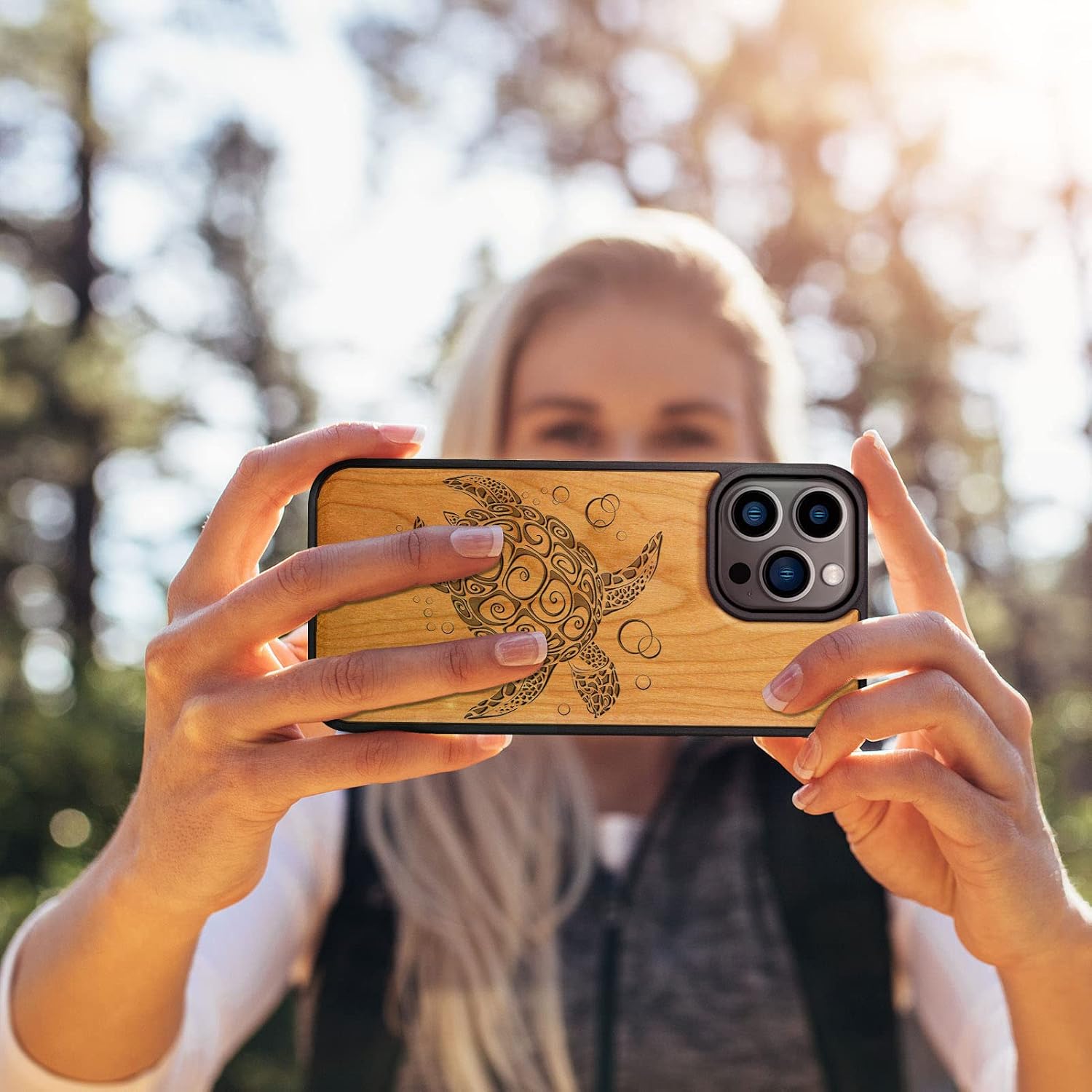 Carveit Magnetic Wood Case for iPhone 14 Pro Max [Natural Wood & Black Soft TPU] Unique & Classy Wooden Shockproof Protective Cover Compatible with magsafe (Sea Turtle -Cherry)