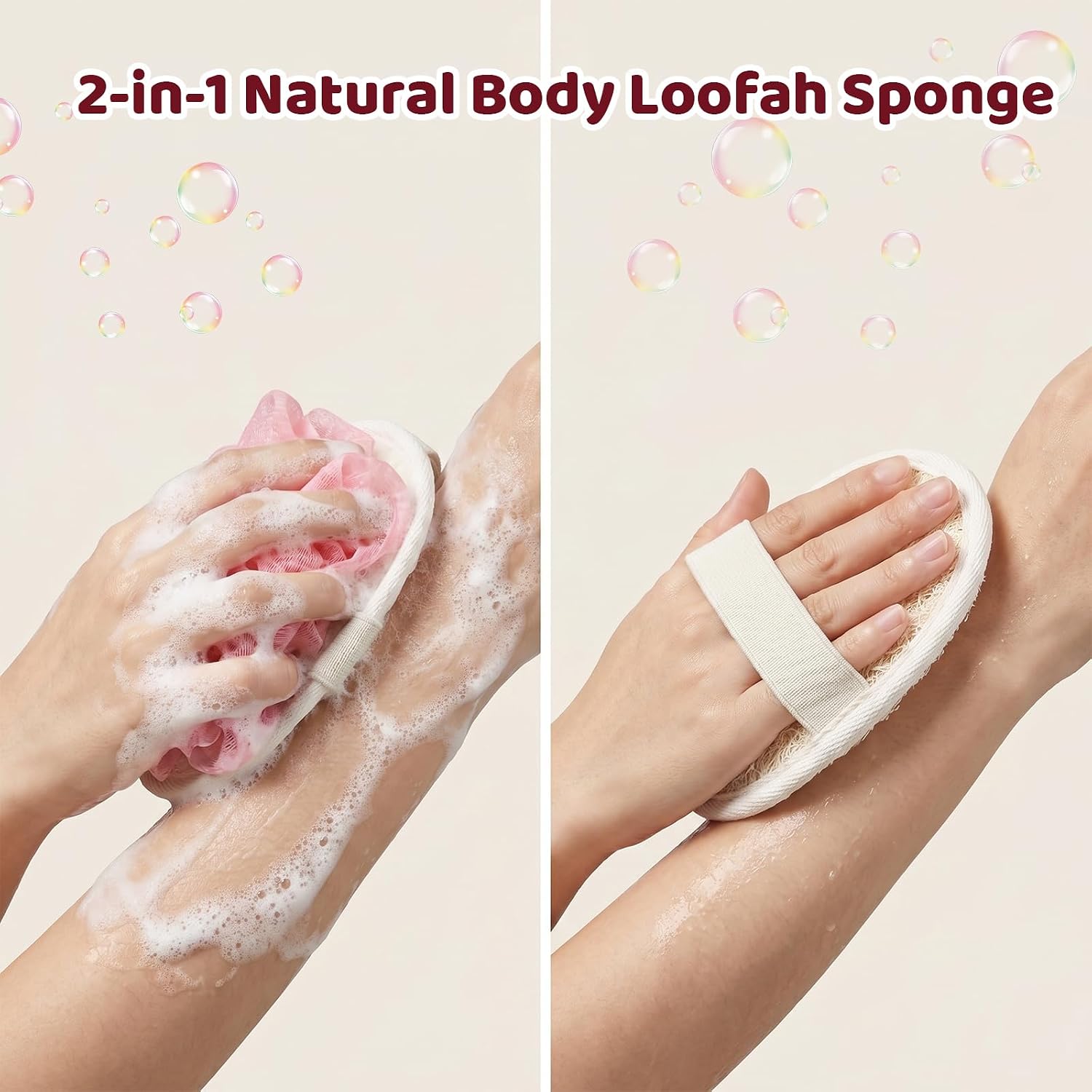 2Pcs Travel Natural Loofah Sponge, Shower Puff with Elastic Hand Strap, Exfoliating Shower Puff for Body and Sensitive Skin, Lightweight Washable Mesh Sponges (Pink, Beige)