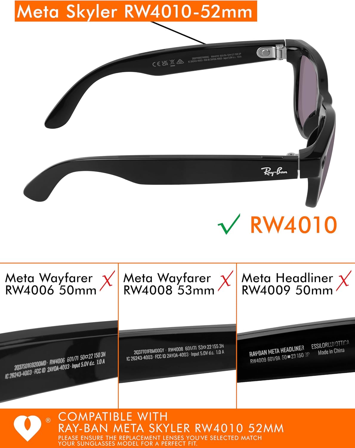 Replacement Lenses Compatible with RayBan Meta Skyler RW4010 52mm AI Glasses, UV Protection, Transition image 5